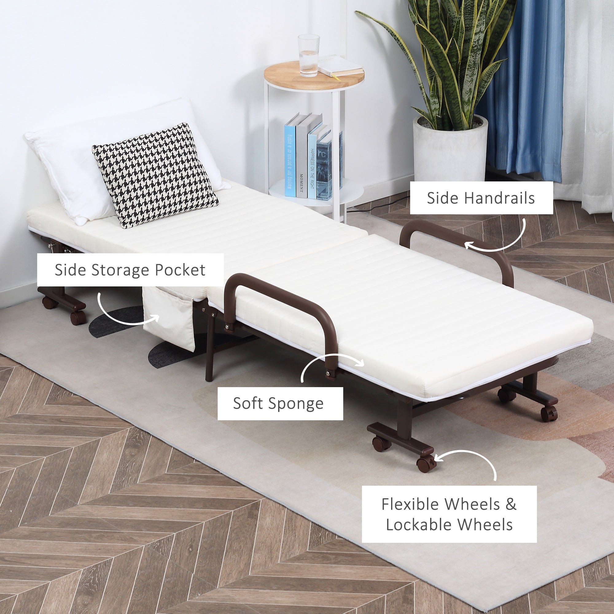 HOMCOM Folding Bed with Mattress, Single Guest Bed, Portable Fold Bed with Adjustable Backrest, Metal Frame on Wheels, White, 190 x 76 cm - North Peak Garden Furniture