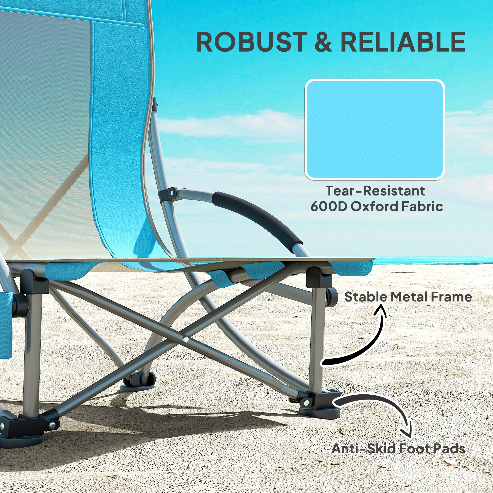 Outsunny Set of 2 Folding Beach Chair, Low Camping Chair with Mesh Back, Carry Bag and Cup Holder for Garden Outdoor Picnic Festival Travel, Blue - North Peak Garden Furniture