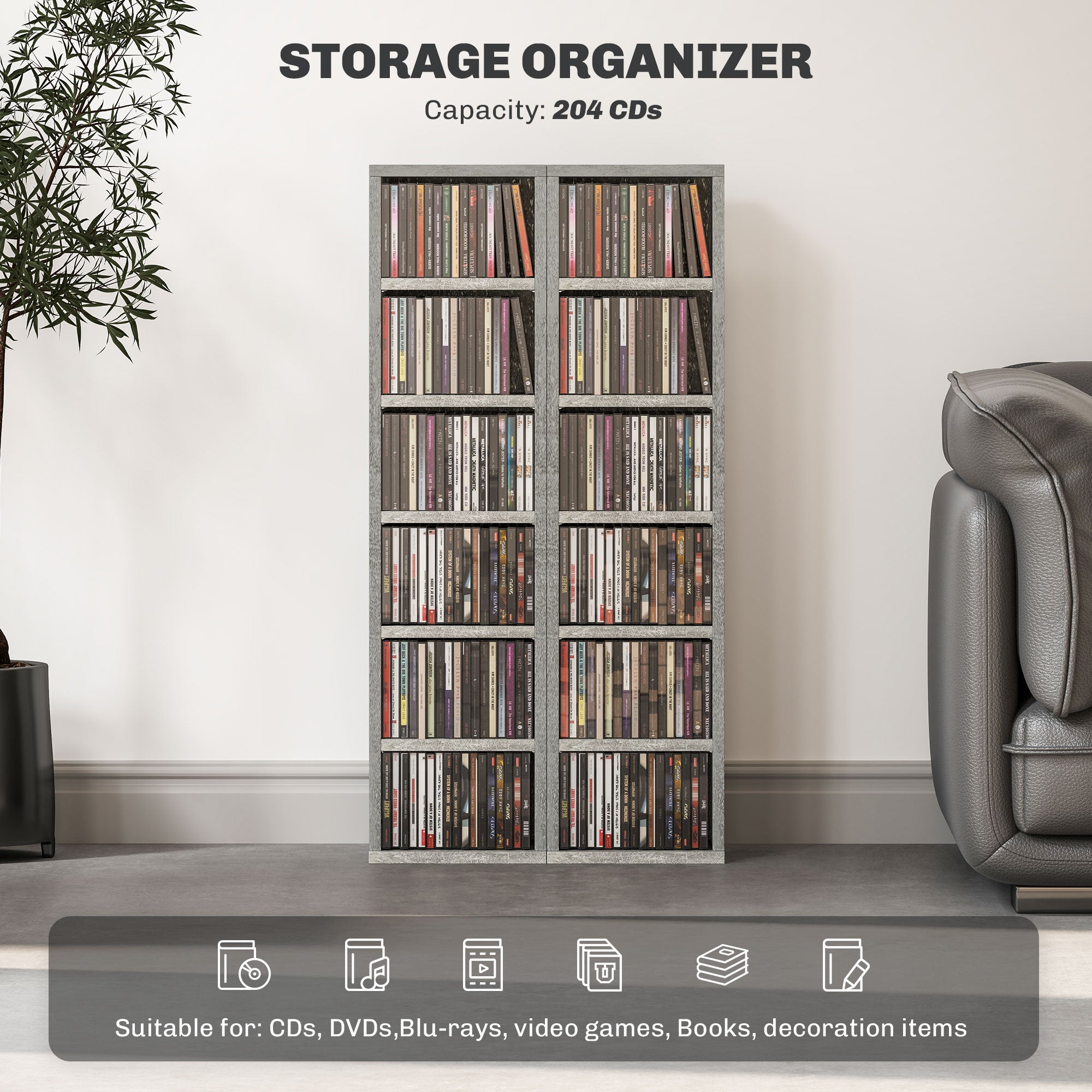 HOMCOM Set of Two 102 CD Storage Units - Cement Grey - North Peak Garden Furniture