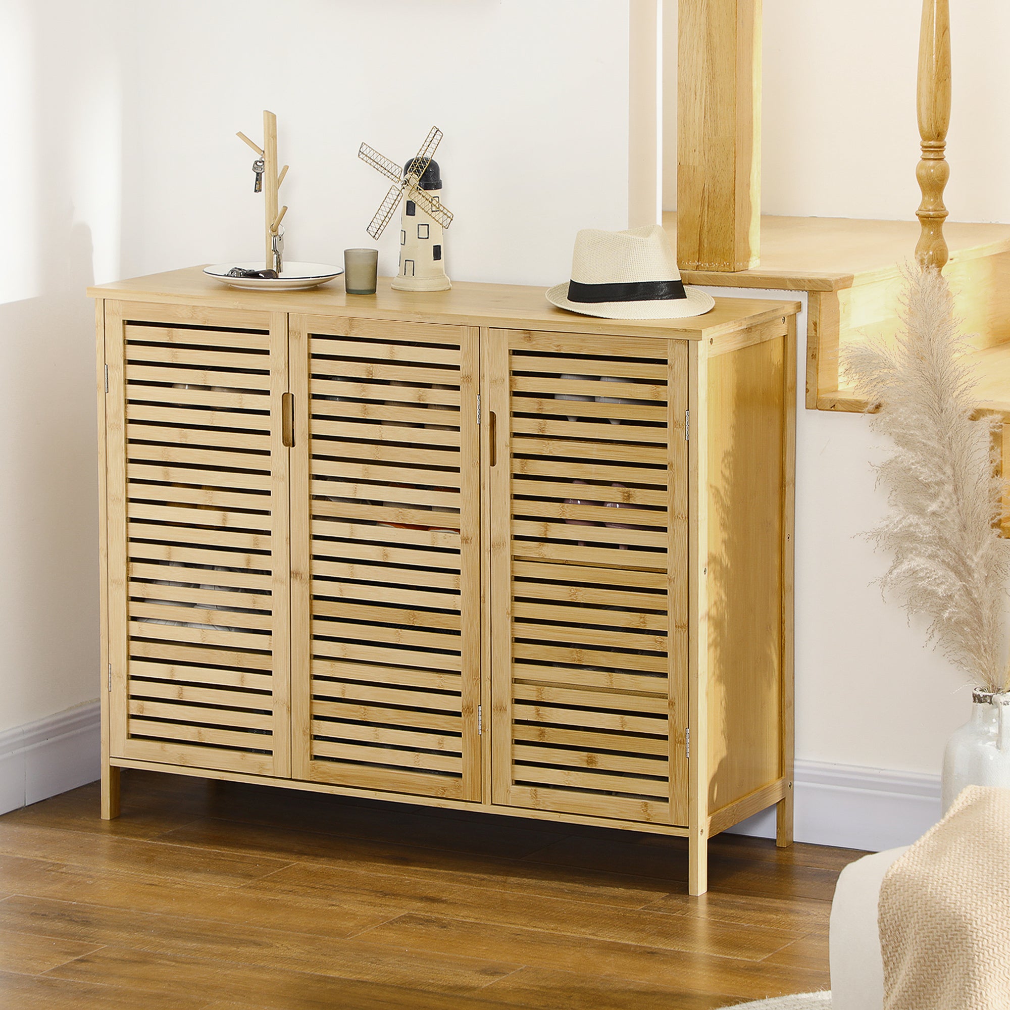 HOMCOM Rustic Shoe Cabinet, 3 Door Shoe Storage Cabinet with 8 Shelves, Natural Wood Finish