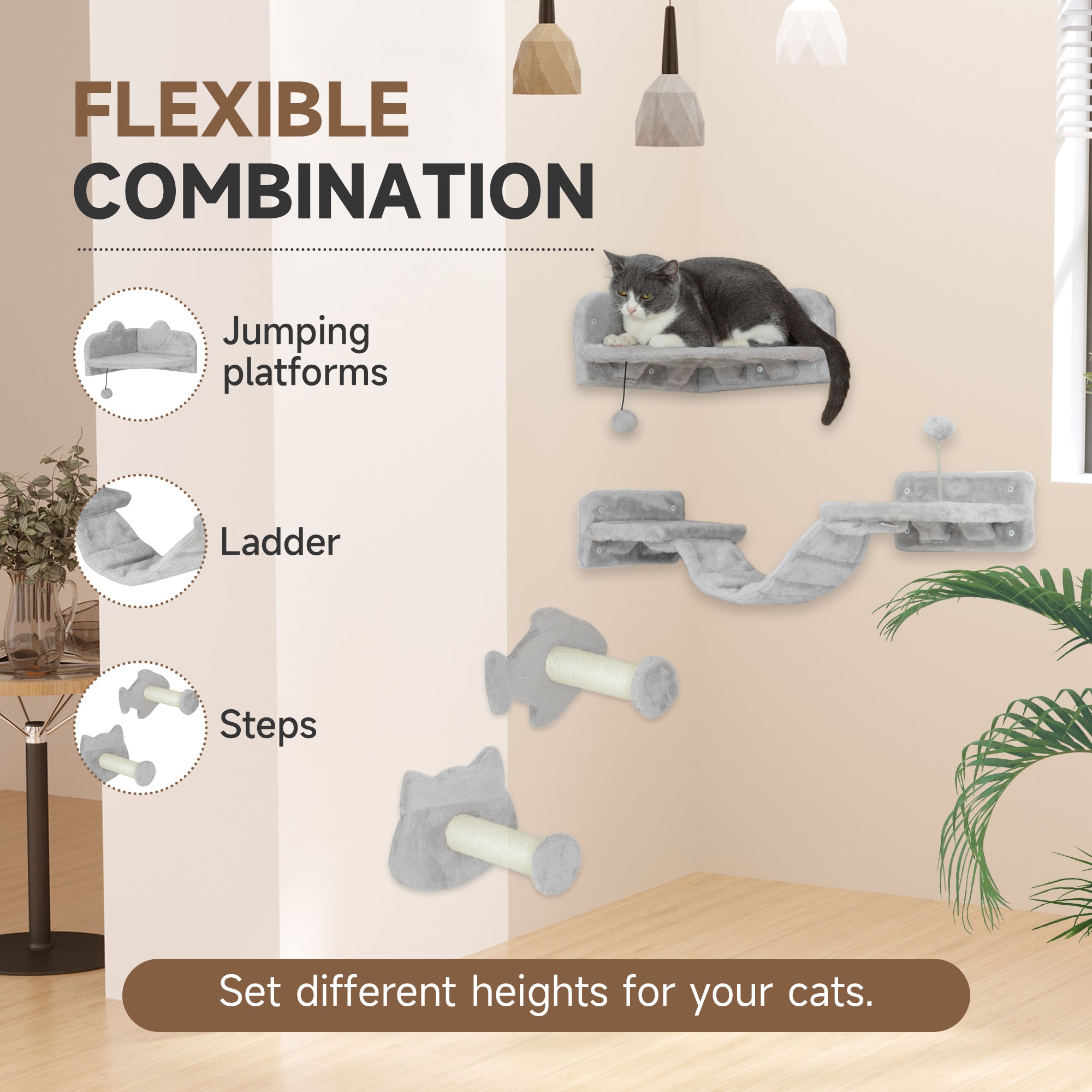 PawHut 4-Piece Cat Wall Shelves with Steps, Ladder, Jumping Platforms, Light Grey - North Peak Garden Furniture