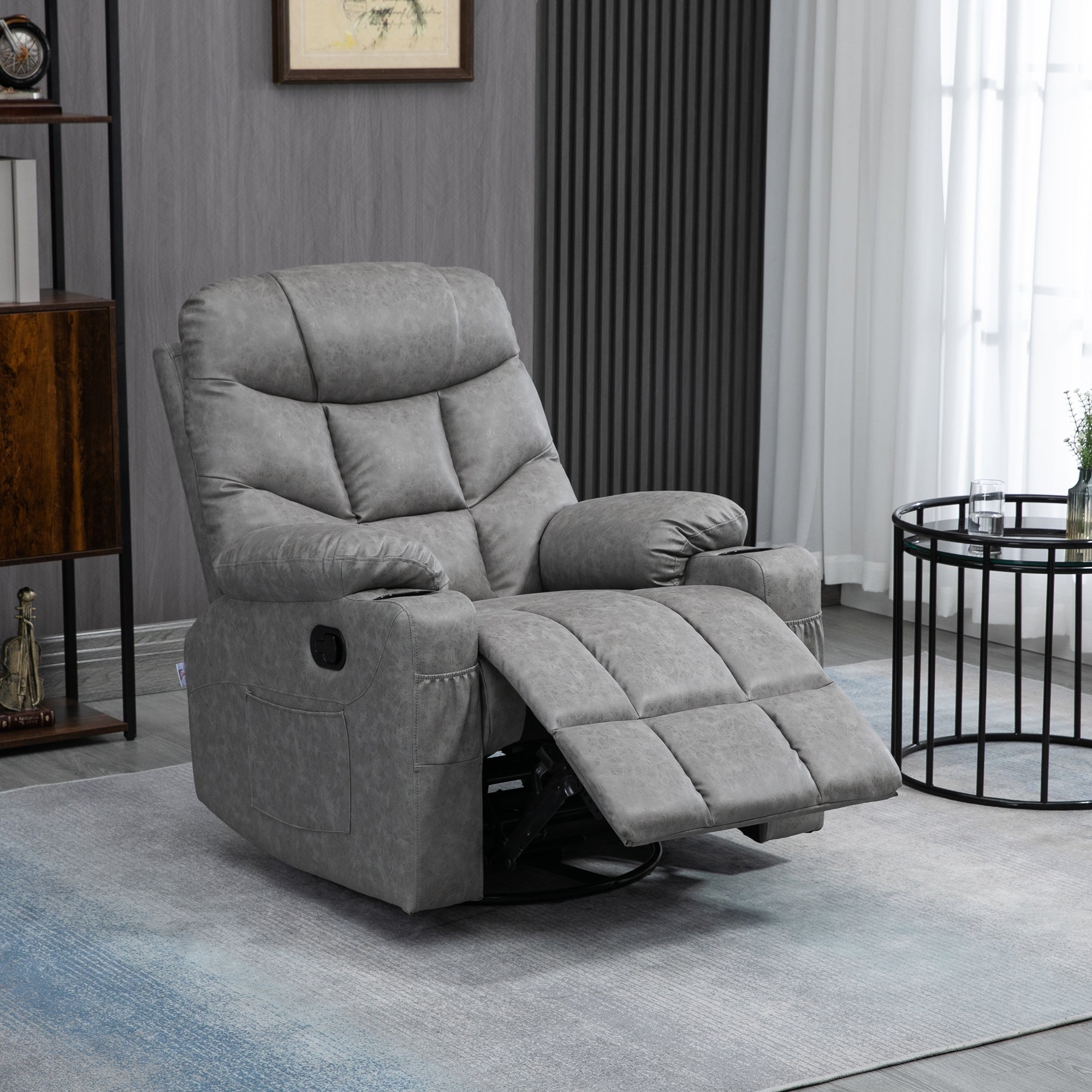 HOMCOM Manual Reclining Chair, Recliner Armchair with Swivel, Faux Leather, Below, Cup Holders, 86x93x102cm, Grey - North Peak Garden Furniture