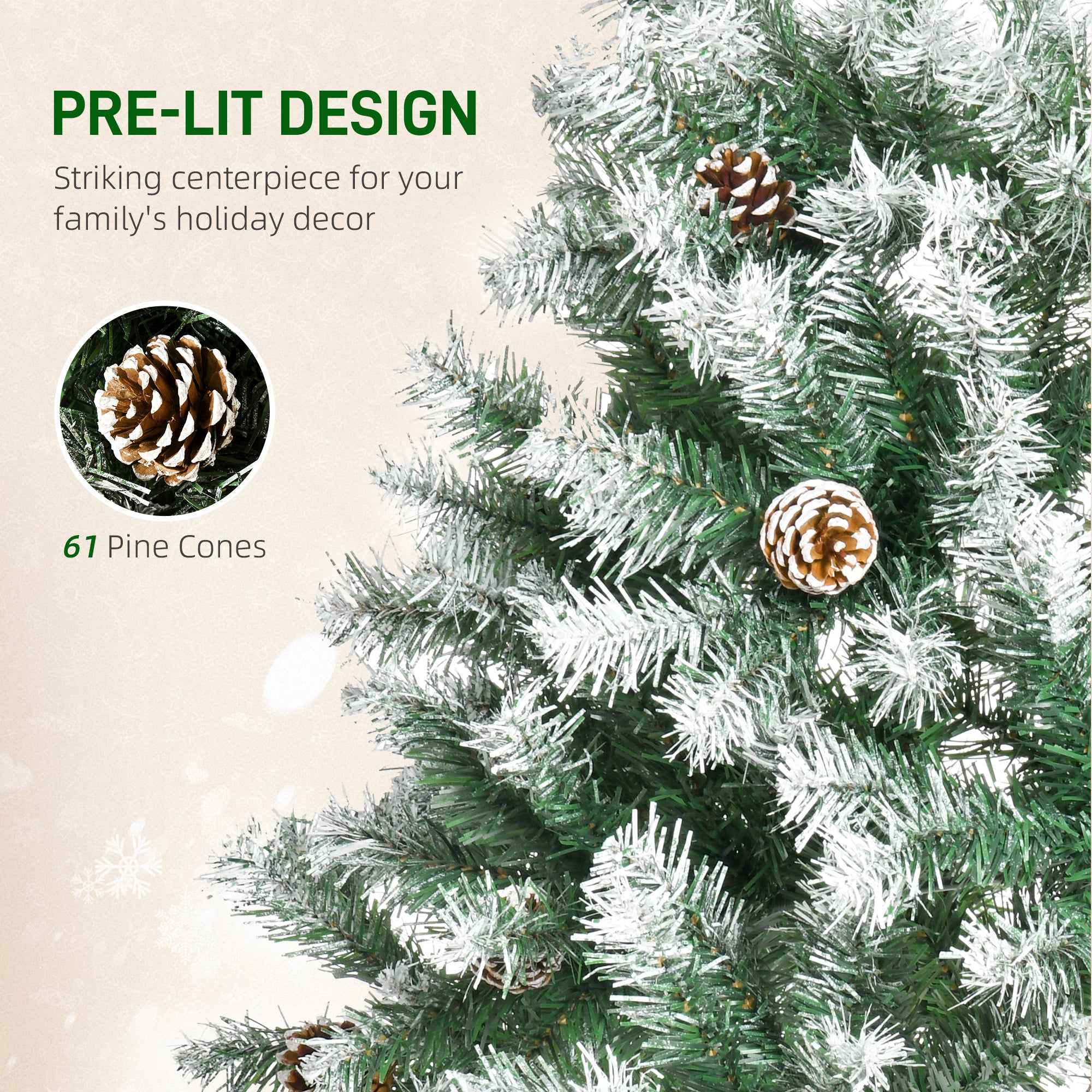 HOMCOM 6FT Artificial Christmas Tree with Pine Cones, Holiday Home Xmas Decoration Automatic Open, Green - North Peak Garden Furniture