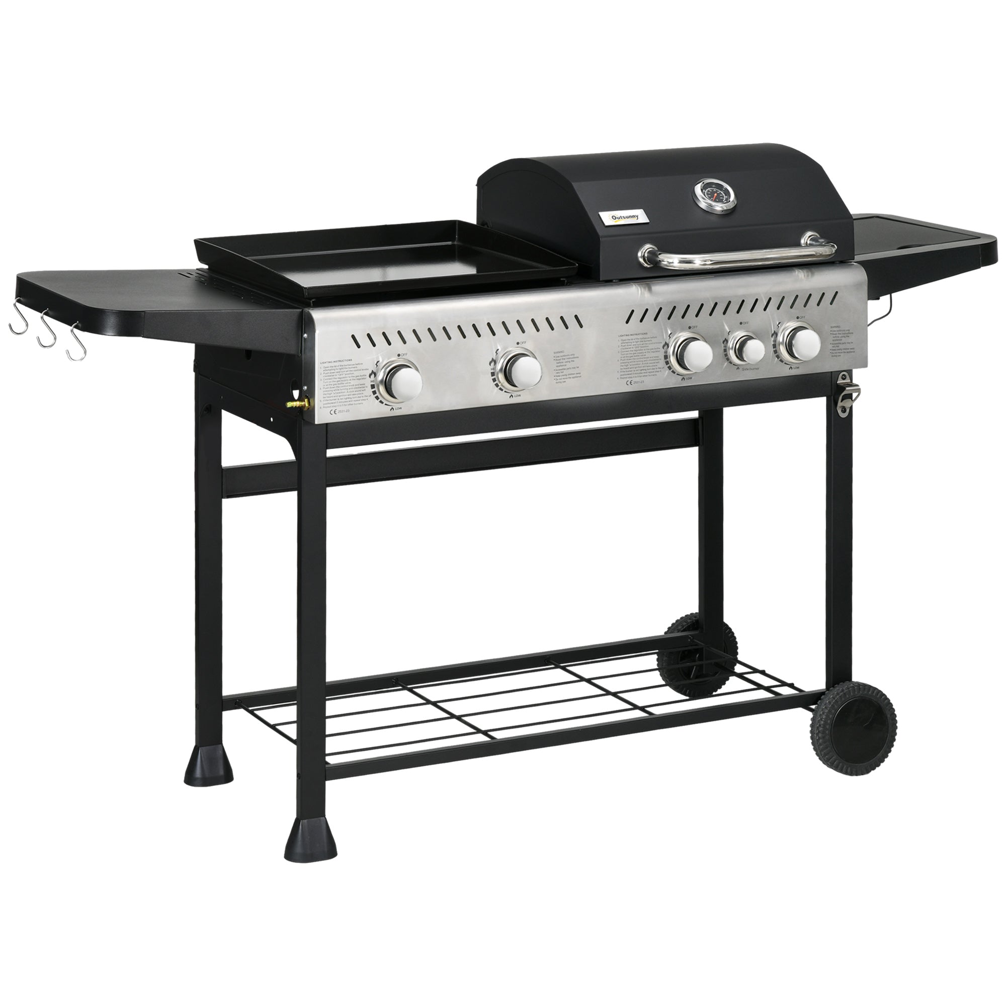 Outsunny 12kW Deluxe Duo Gas BBQ, with Grill, Plancha and Side Burner - Black