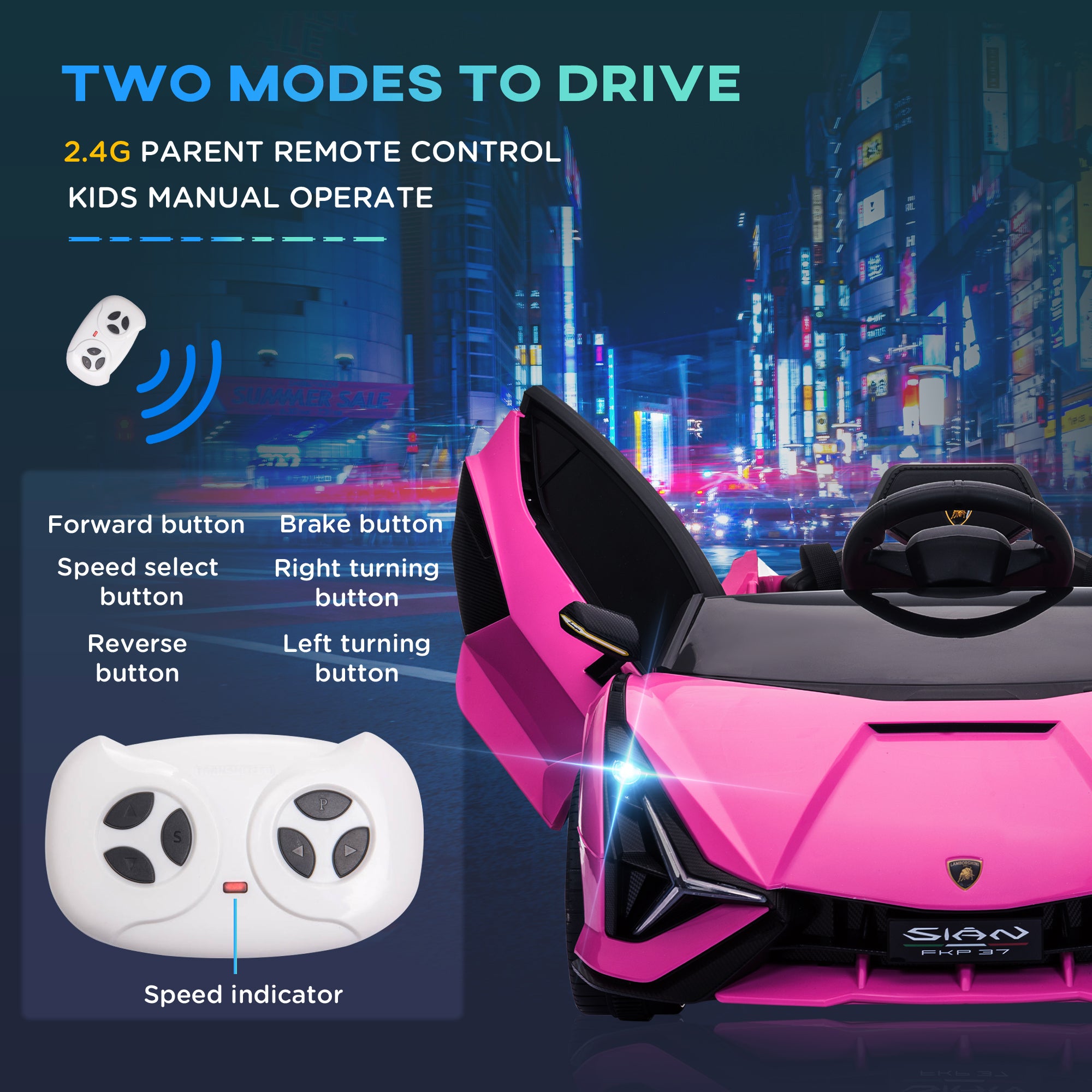 HOMCOM Lamborghini Sian Licensed 12V Kids Electric Ride On Car 2 Motors Toy Car with Remote Control Music Lights MP3 for 3-5 Years Pink