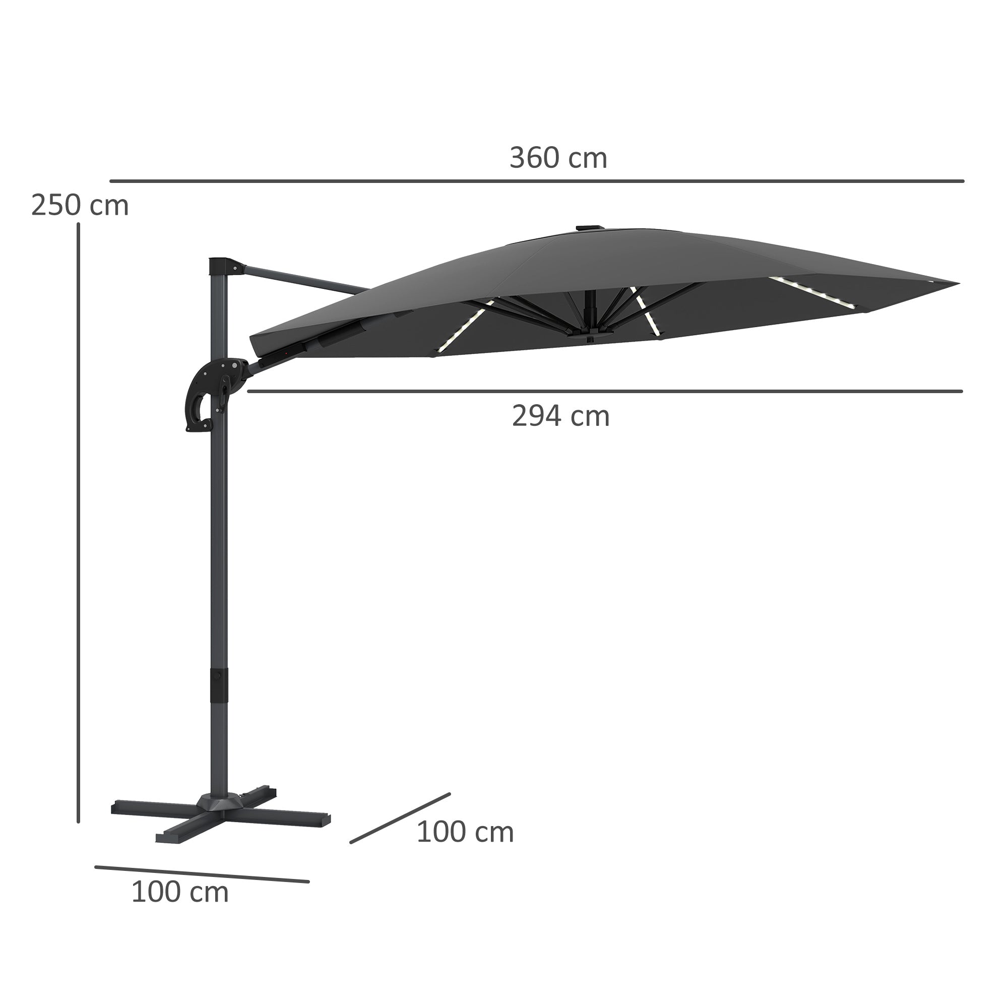 Outsunny 3(m) Cantilever Garden Parasol with Solar Powered Lights, Crank Handle & Cross Base, UPF 50+, 360° Rotation, Dark Grey - North Peak Garden Furniture