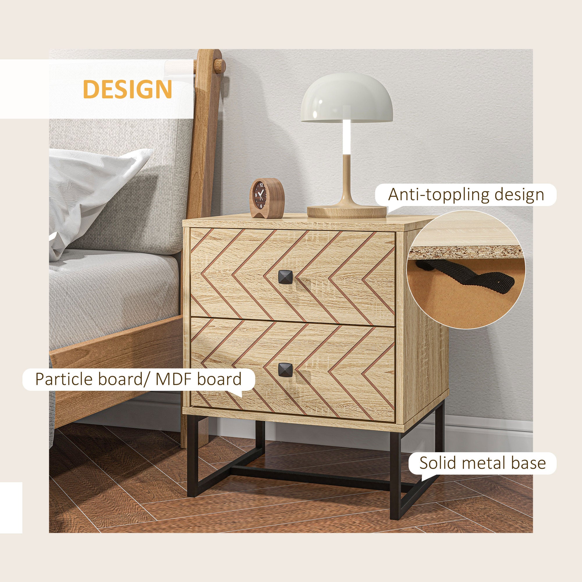 HOMCOM Bedside Table Nightstand Two-Drawer Bedroom Storage Unit Zig Zag Design with Black Metal Handles, Set of 2, Natural - North Peak Garden Furniture