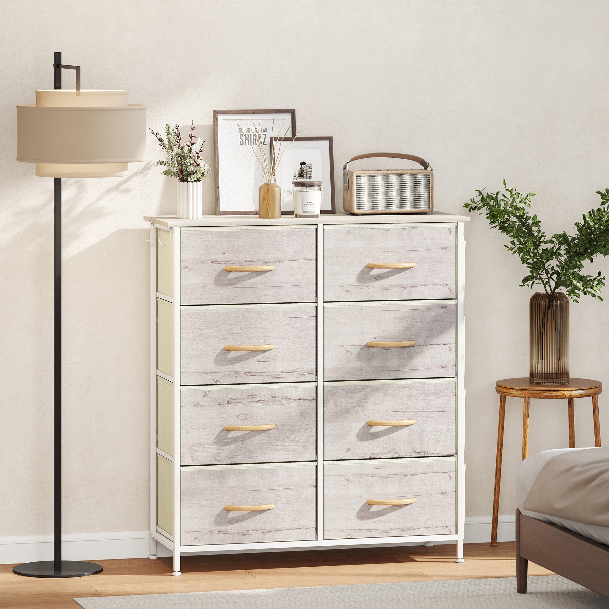 HOMCOM Chest of Eight Fabric Drawers - Natural Wood Finish