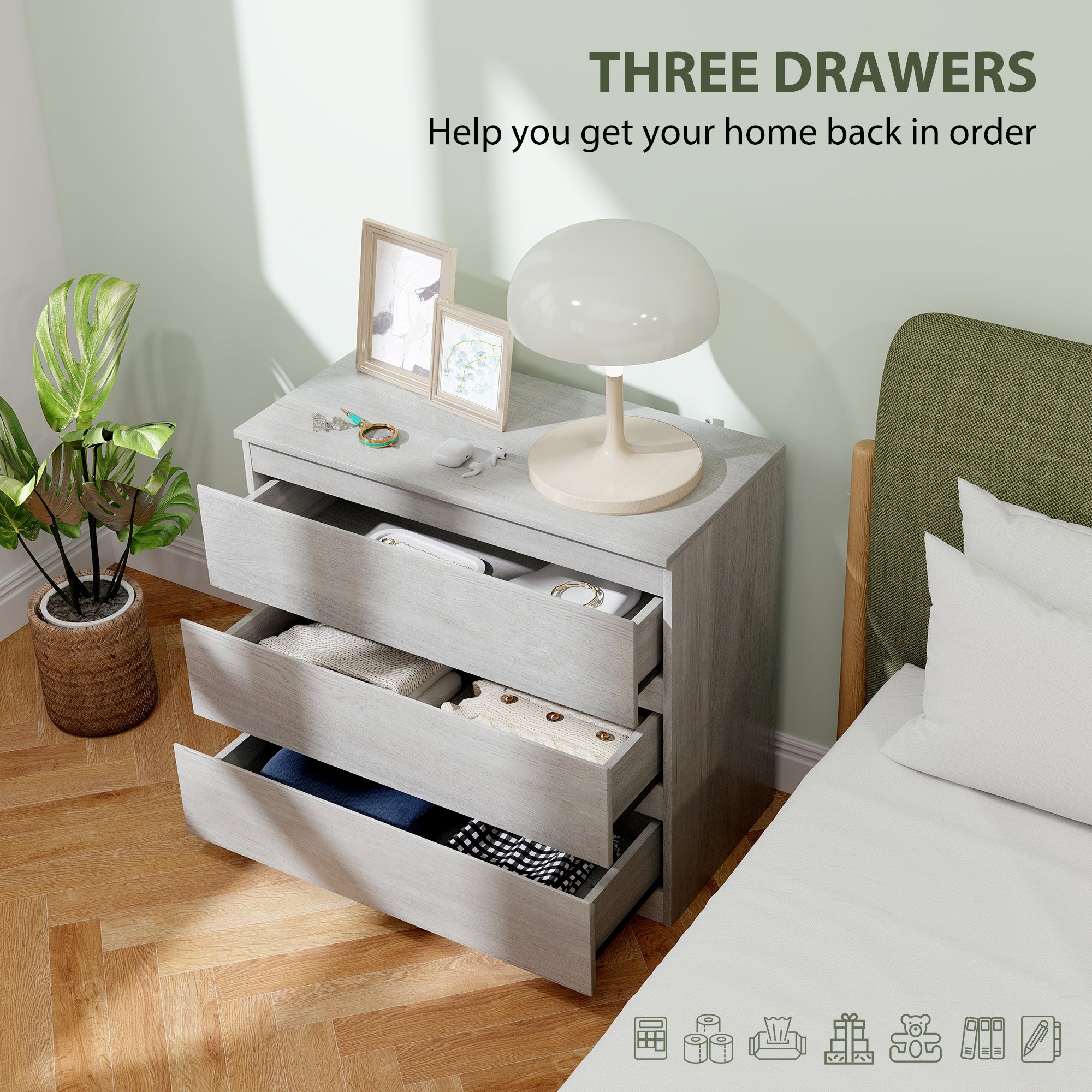 HOMCOM Chest of Three Drawers - Grey Wood Effect - North Peak Garden Furniture