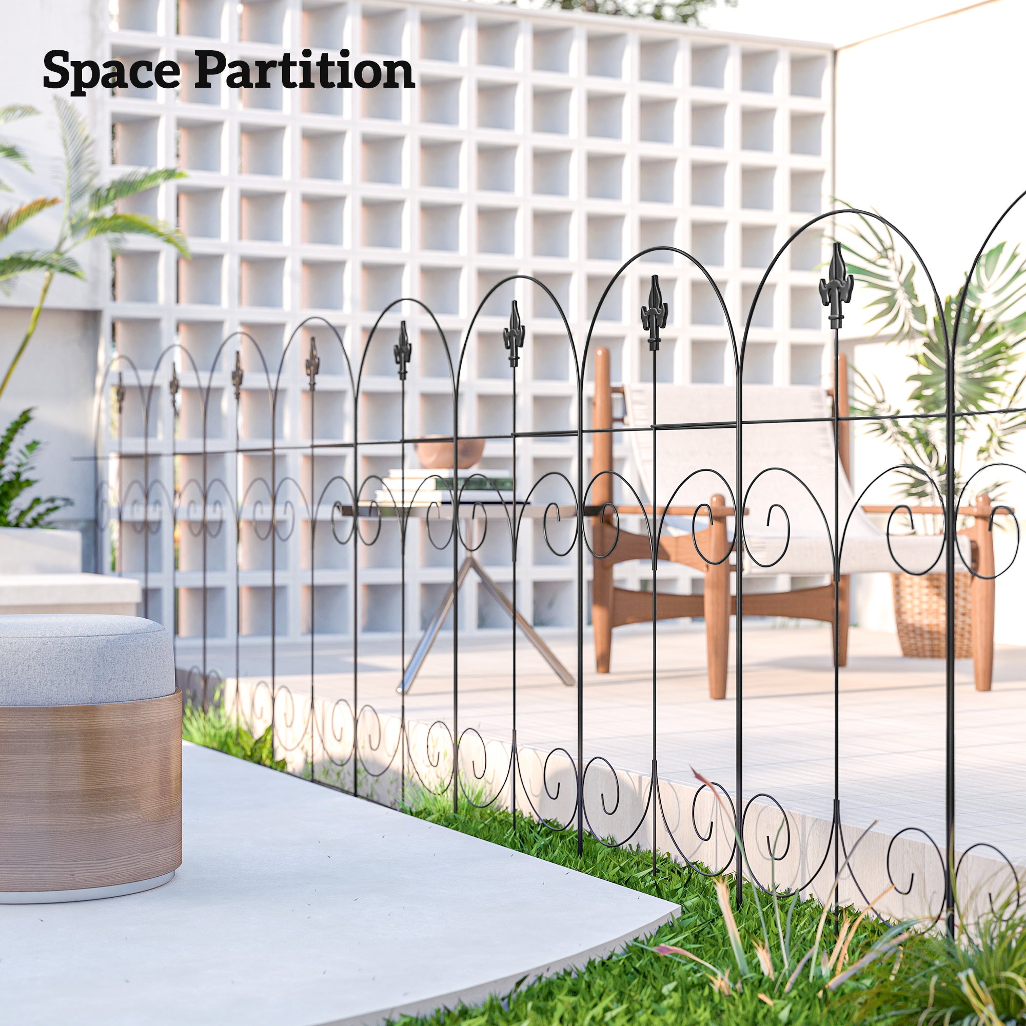 Outsunny Decorative Garden Fencing, 8PCs 44in x 12.5ft Outdoor Picket Fence Panels, Rustproof Metal Wire Landscape Flower Bed Border Edging, Black