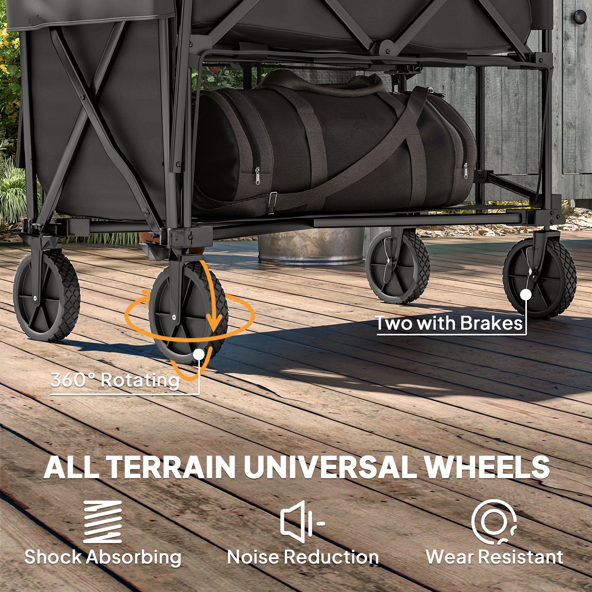 Outsunny Double Decker Folding Trolley on Wheels, 200KG & 350L Capacity Collapsible Wagon Festival Trolley Cart with 134cm Extended for Camping Sports Shopping Garden and Beach, Black - North Peak Garden Furniture