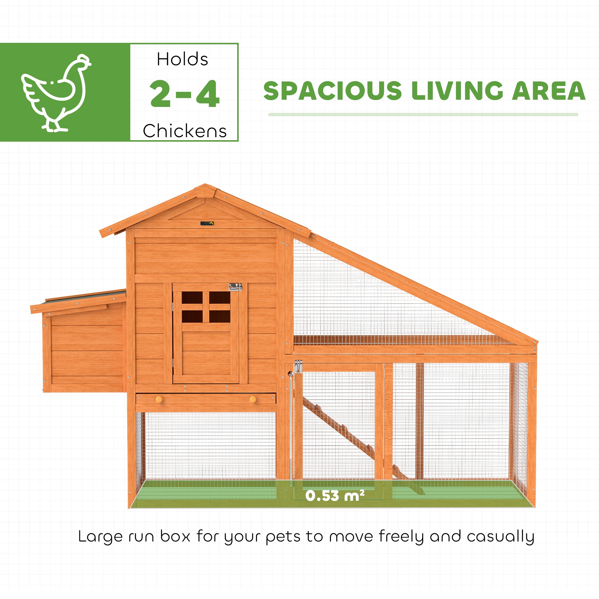 PawHut Wooden Chicken Coop with Run, Nesting Box, Slide-out Tray, Ramp, Perches, Asphalt Roof, 179 x 67 x 115cm - North Peak Garden Furniture