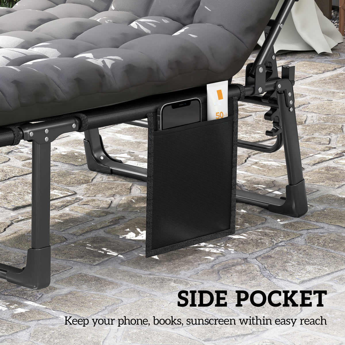 Outsunny Folding Sun Loungers for Garden Set of 2, 5-Position Oversized Camping Bed Recliner with Cushions, Dark Grey