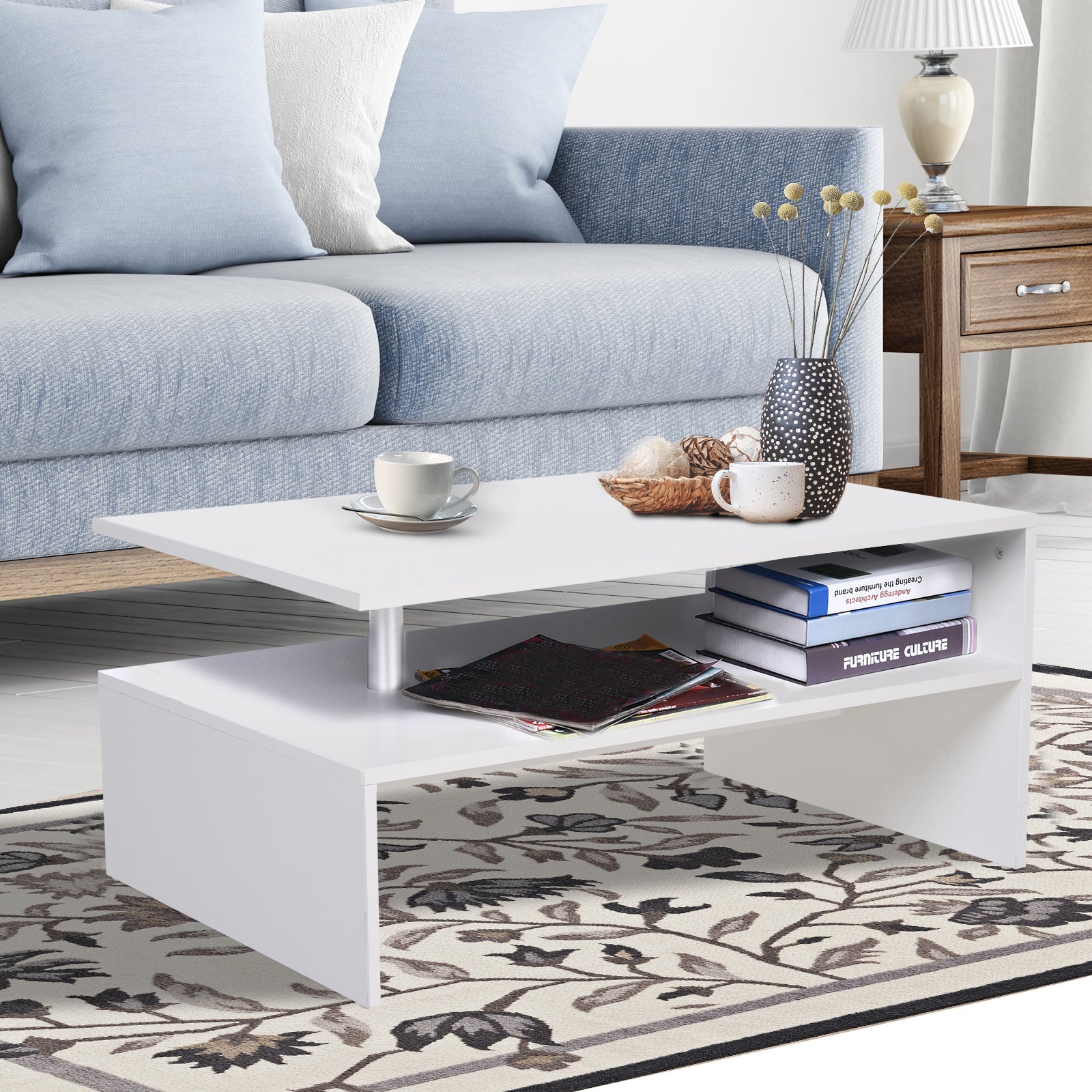 HOMCOM Coffee Table with Storage, 2-Tier Centre Table, Modern Living Room Table with Open Shelf and Aluminium Poles, White - North Peak Garden Furniture