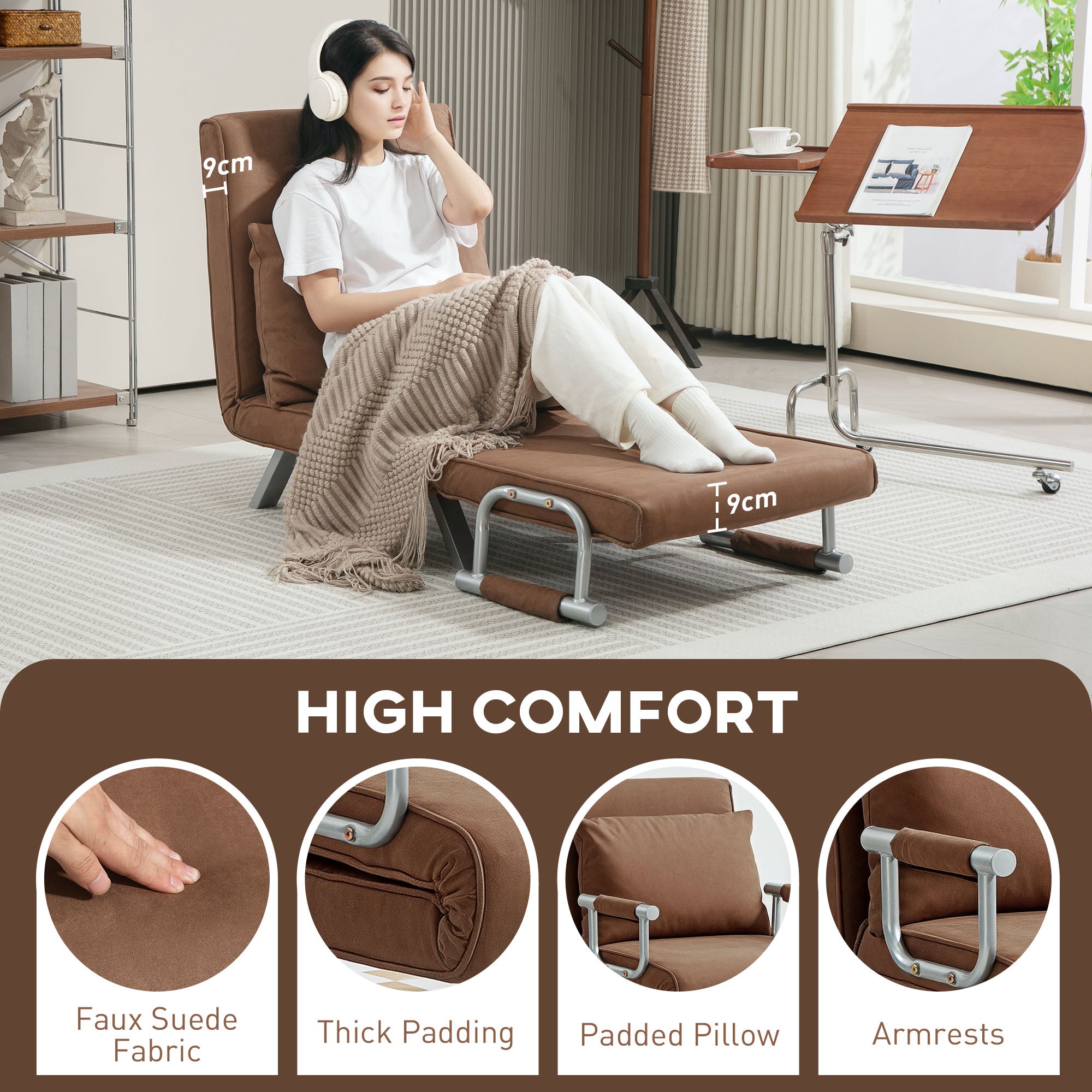 HOMCOM 4-in-1 Faux Suede Chair Bed - Coffee - North Peak Garden Furniture