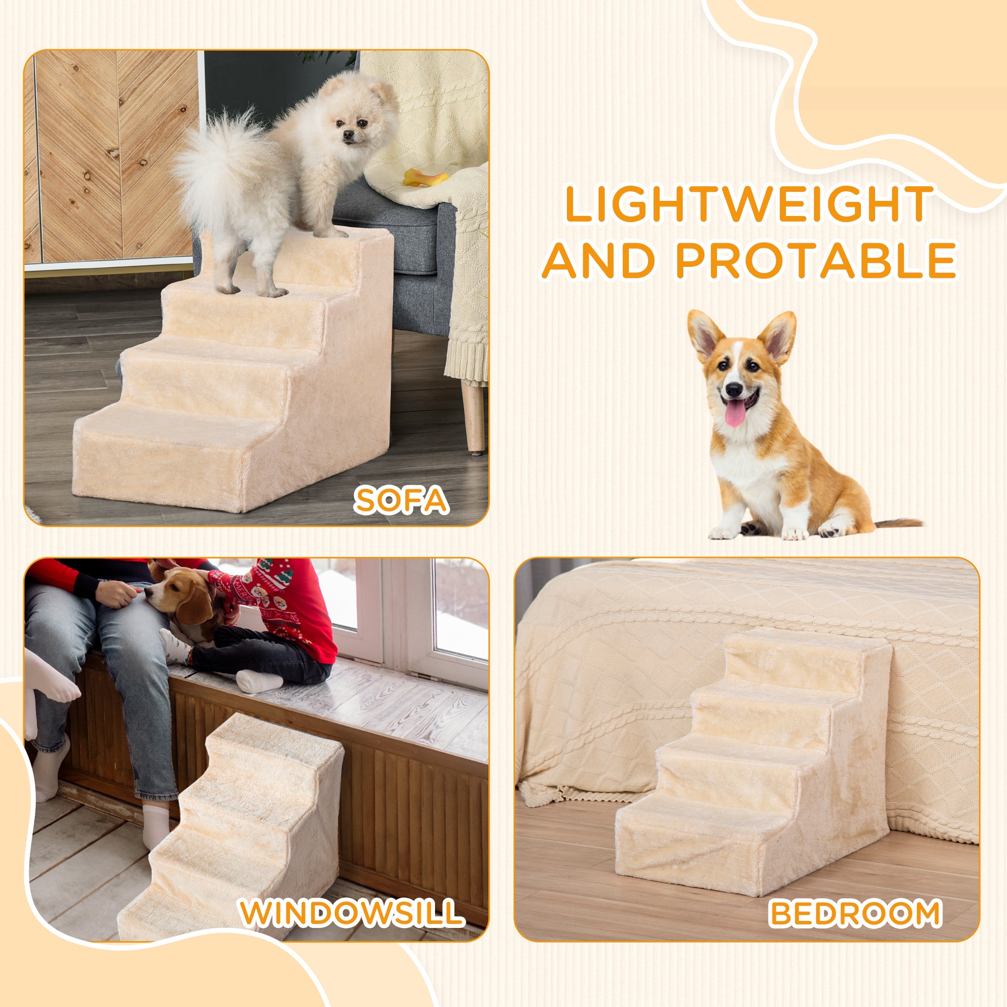 PawHut Four-Step Dog Stairs, with Washable Plush Cover, for High Bed Sofa, Dog Stairs for Small Dog and Cat - Beige