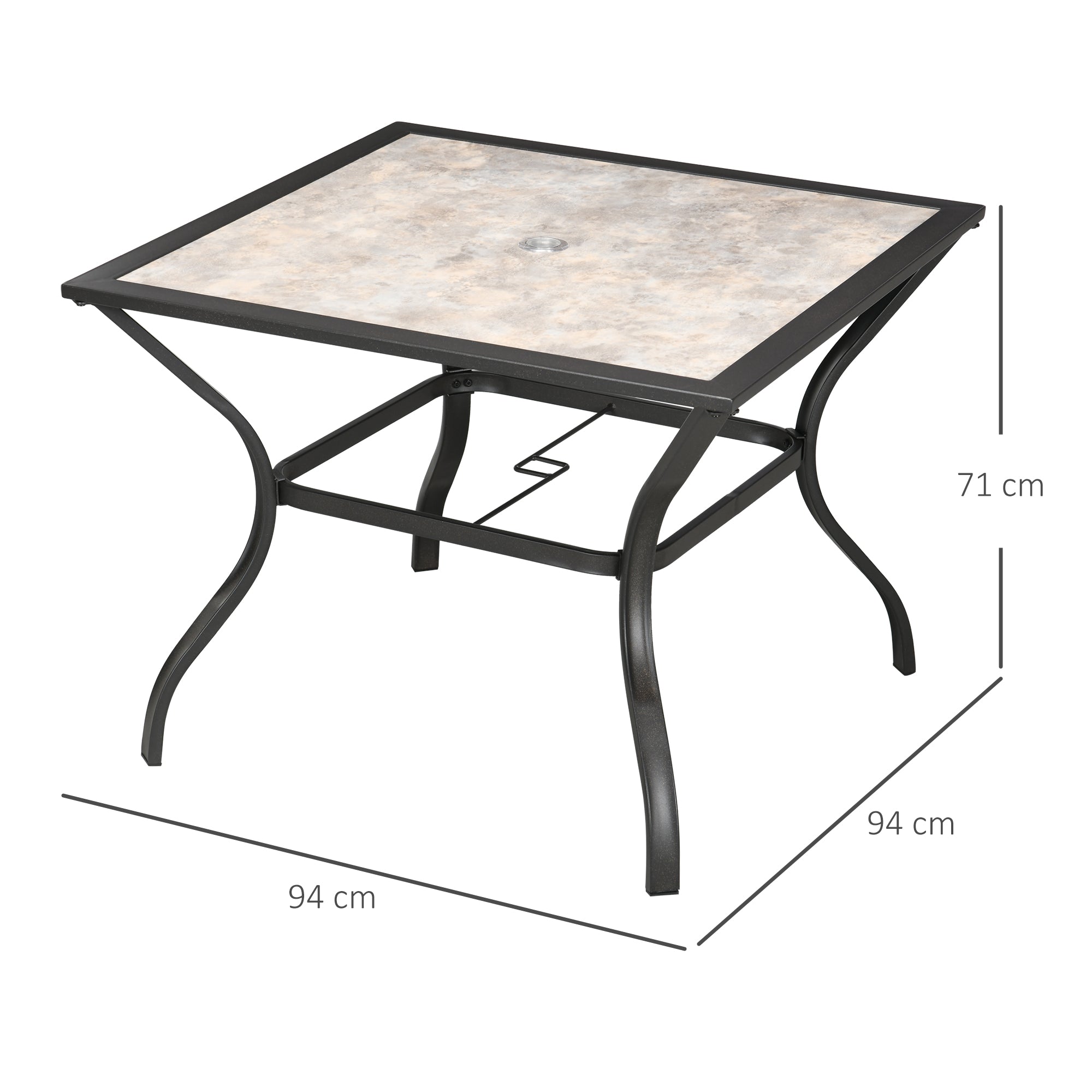 Outsunny 94 x 94 cm Garden Table with Parasol Hole, Outdoor Dining Table for 4, Square Patio Table with Stone-Grain Effect PC Board Top for Patio, Garden, Grey