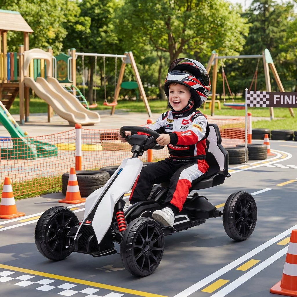 HOMCOM 12V Electric Go Kart for Kids, Ride-On Racing Go Kart with Forward Reversing, Rechargeable Battery, 2 Speeds, for Boys Girls Aged 3-8 Years Old - White
