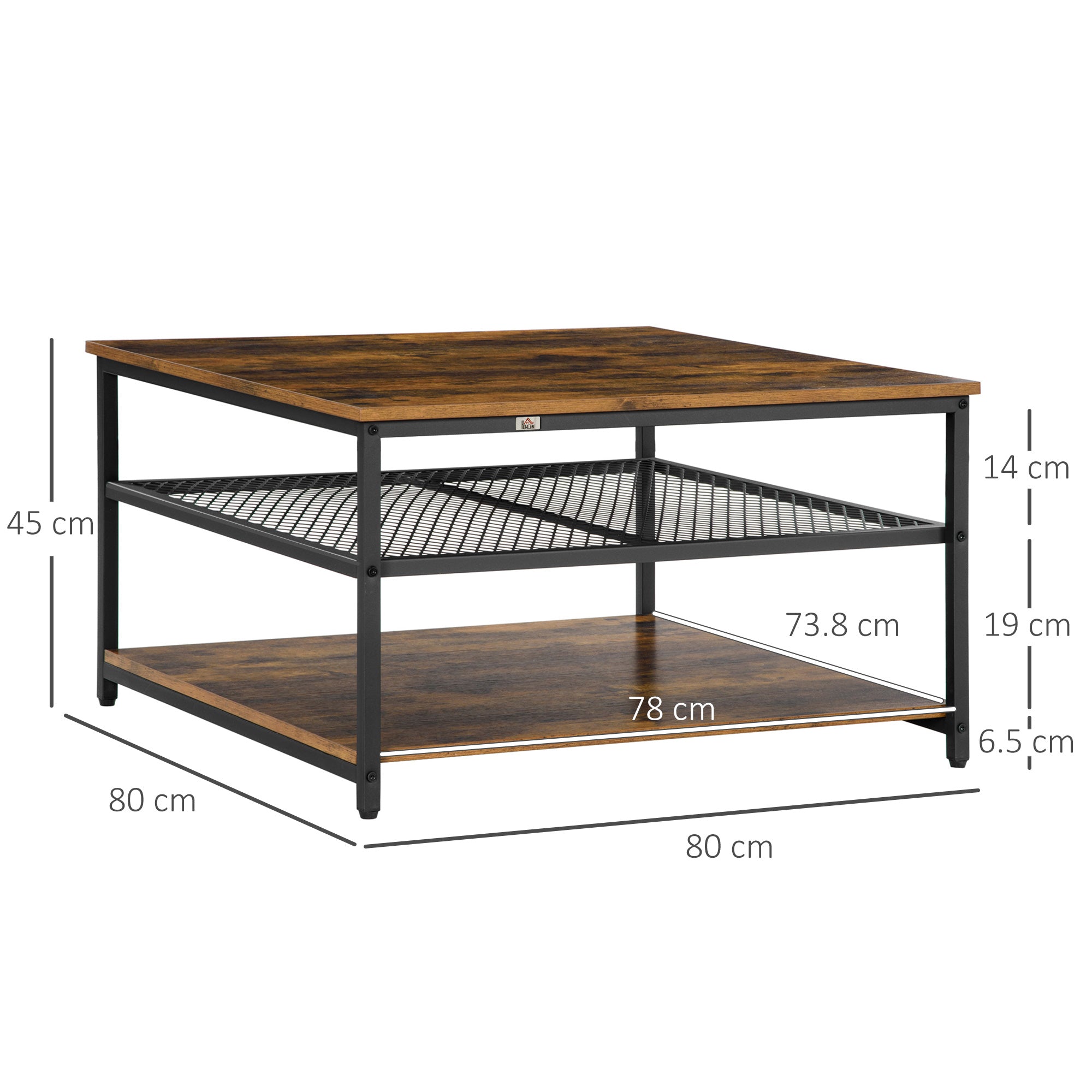 HOMCOM Coffee Table, Living Room Table with 3-Tier Storage Shelves, Square Tea Table for Home Office, Rustic Brown - North Peak Garden Furniture