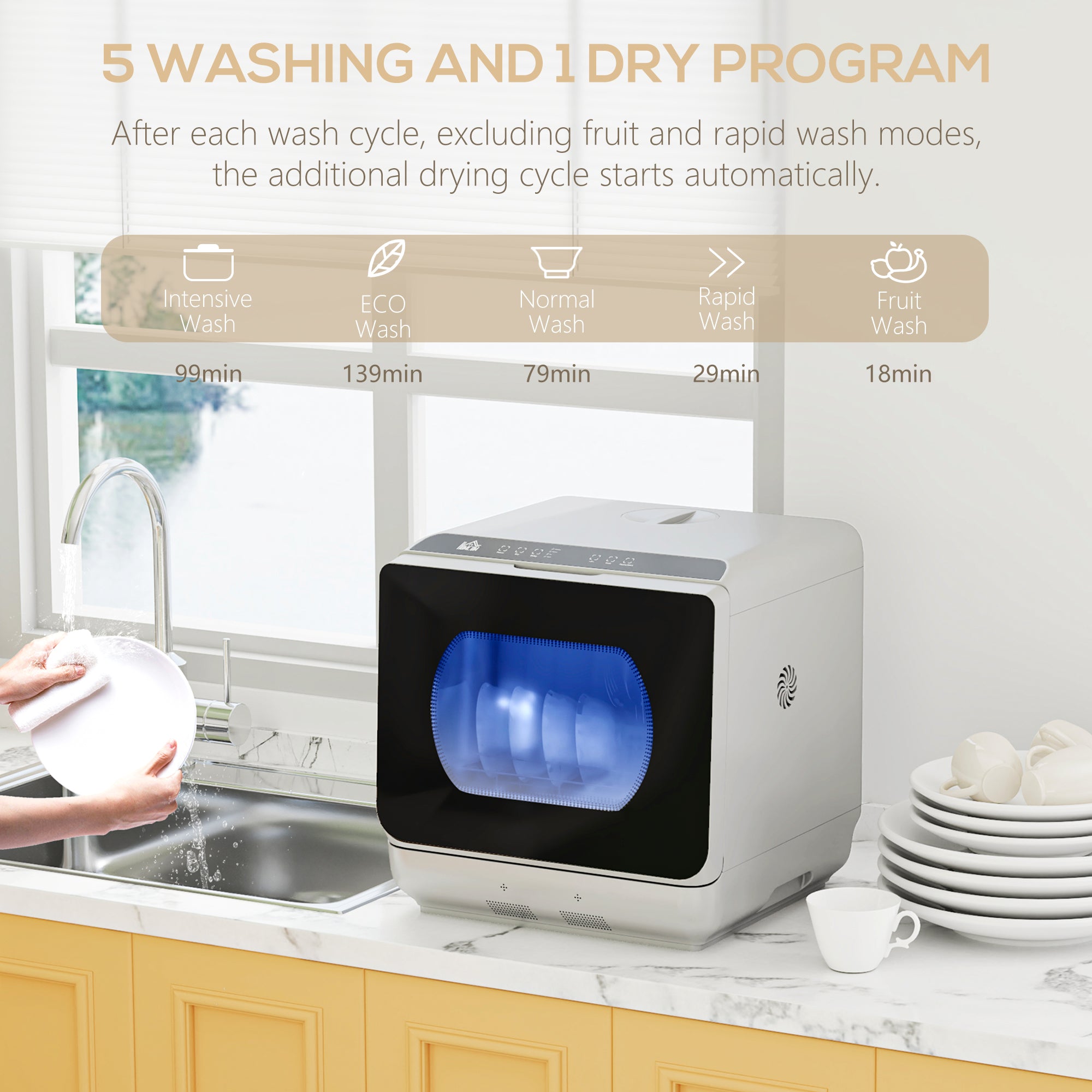 HOMCOM Tabletop Dishwasher, Mini Countertop Dishwasher with 4 Place Settings, 6 Programs, 6L Water Tank, Touch Control, LED Display, Delay Start, Dual Water Supply and Fruit Wash Mode, Silver Tone - North Peak Garden Furniture