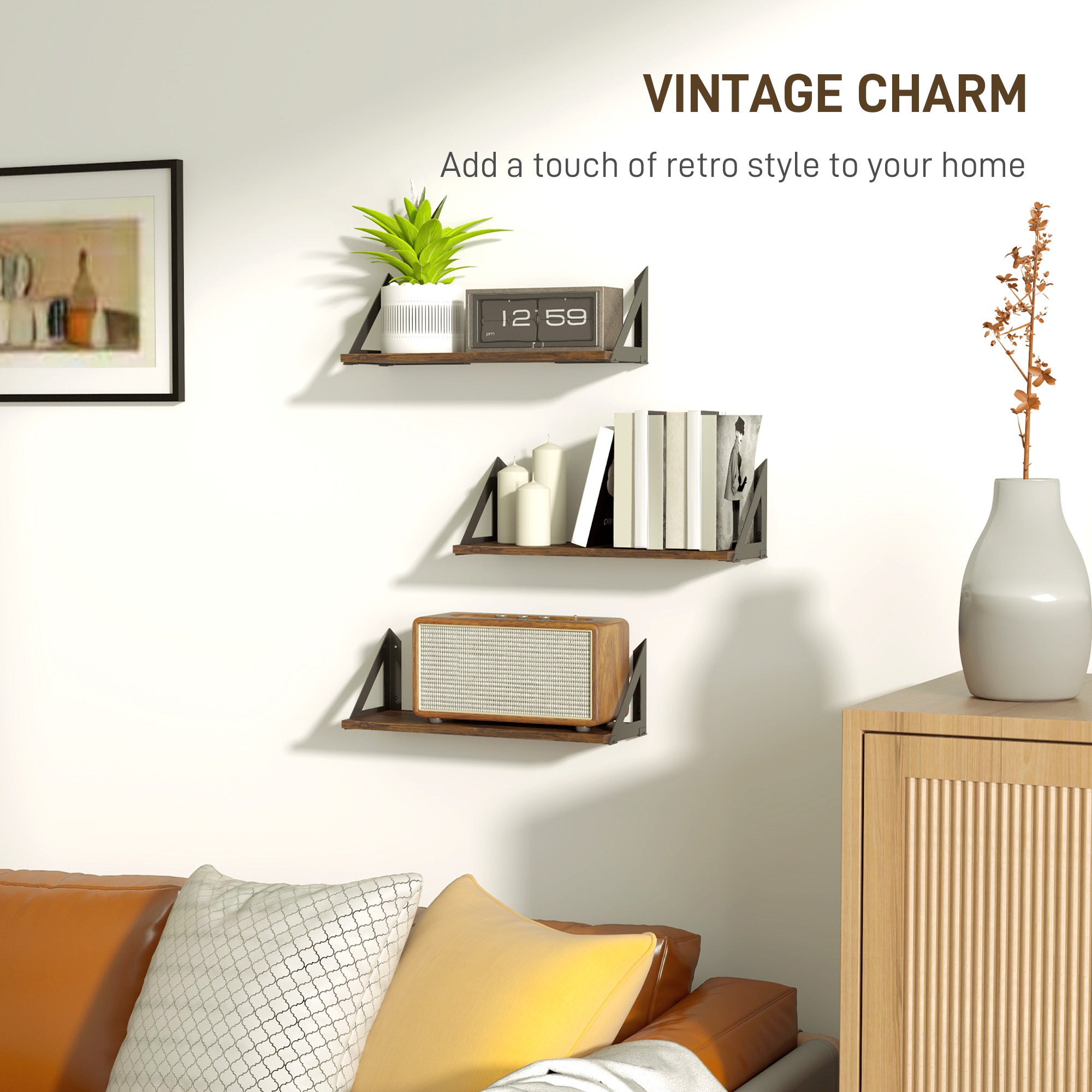 HOMCOM Set of 3 Wall Mounted Floating Shelves, Vintage Wall Shelves for Living Room, Entryway, Bedroom, Rustic Brown - North Peak Garden Furniture