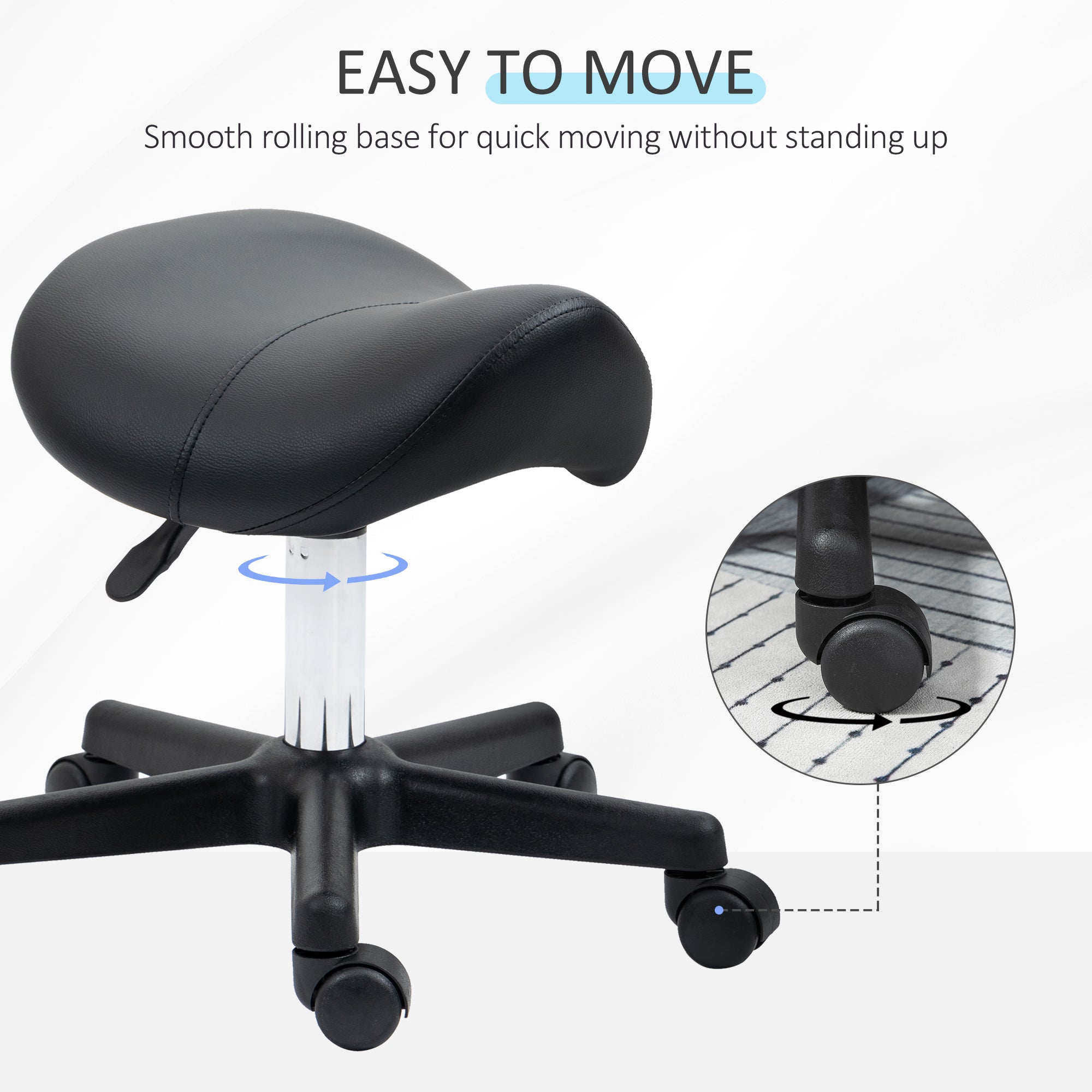 HOMCOM Saddle Stool, PU Leather Adjustable Rolling Salon Chair with Steel Frame for Massage, Spa, Beauty and Tattoo, Black - North Peak Garden Furniture