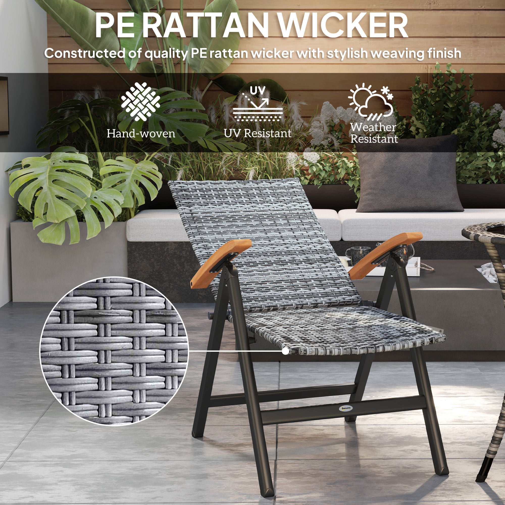 Outsunny 2 Pieces Outdoor Foldable Dining Chair with Armrests, High Backrest, for Garden, Camping, Balcony, Light Grey - North Peak Garden Furniture