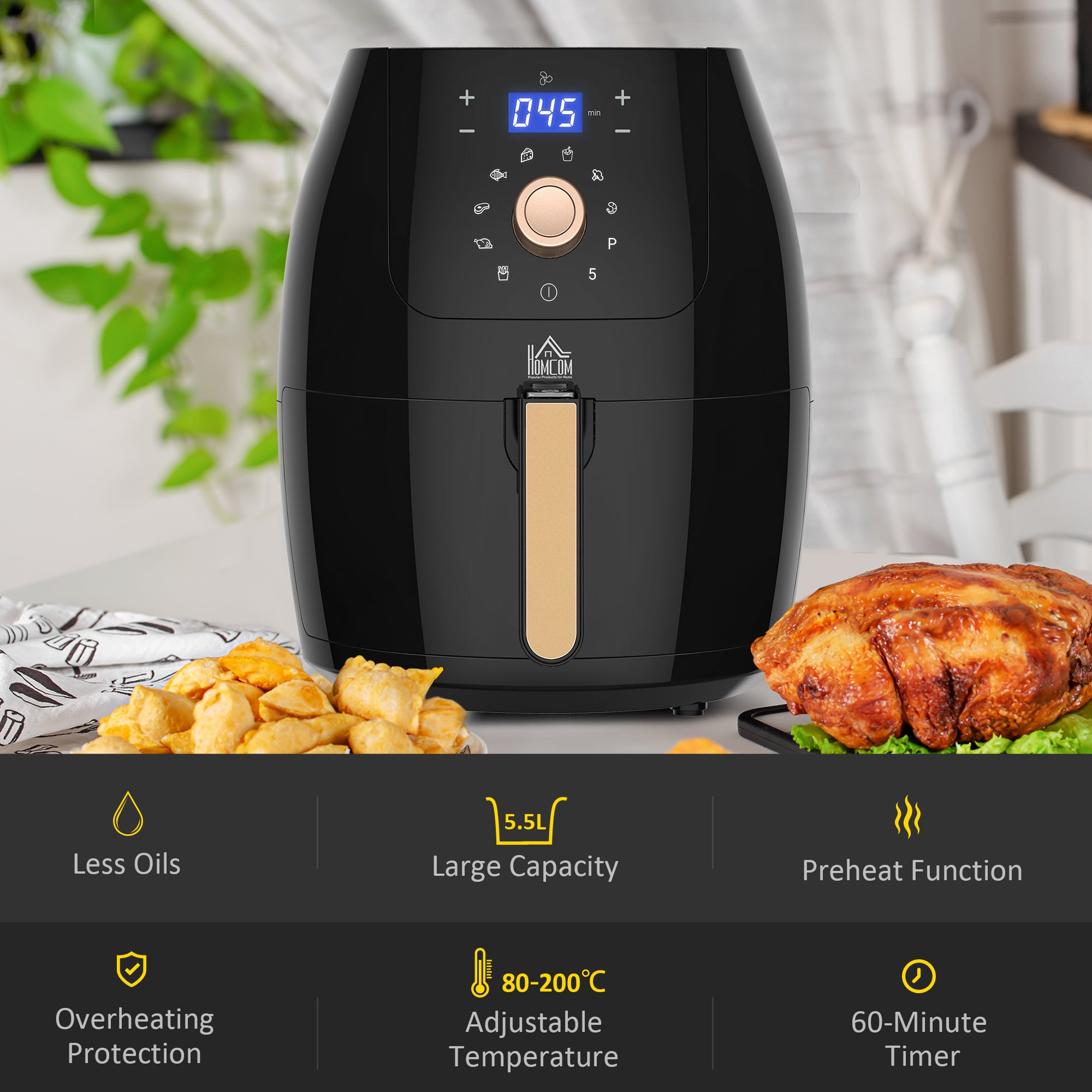 HOMCOM 5.5L 1700W Air Fryer, with Digital Display, 80-200℃ Temperature - North Peak Garden Furniture