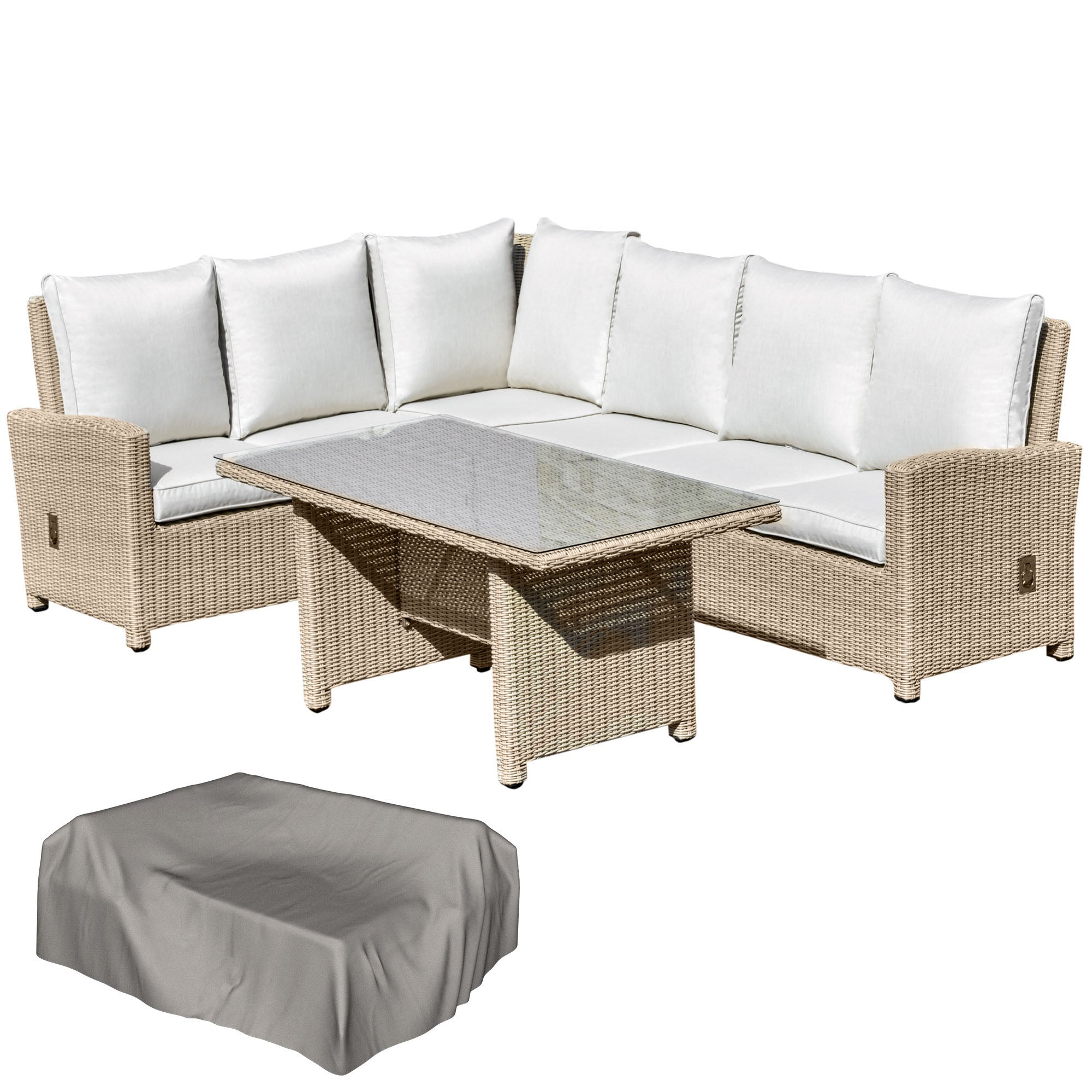 Outsunny 6-Seater Reclining PE Rattan Garden Dining Set Patio Furniture w/Sofa Chairs Glass Table Cushions Adjustable Feet Stylish Lounge Conversation