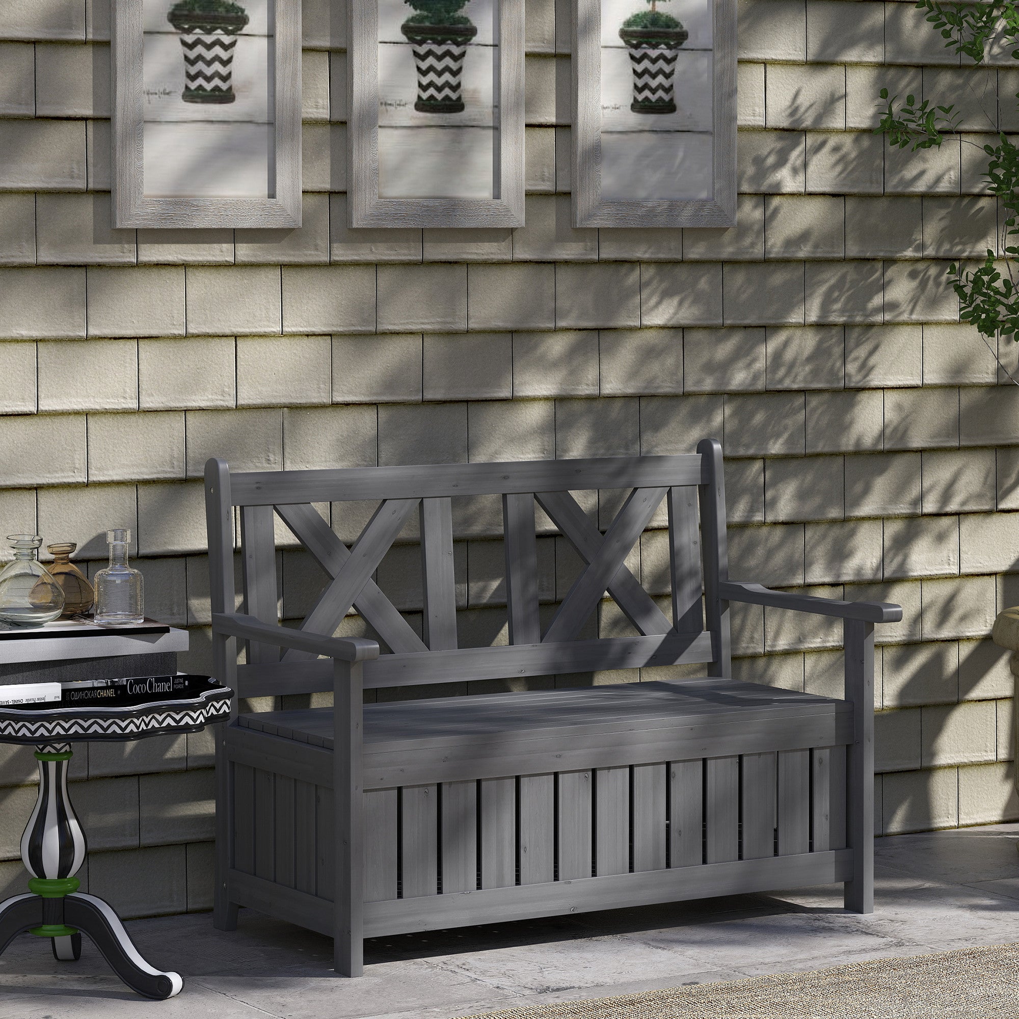 Outsunny 2-Seater Garden Storage Bench for Patio Wood Porch Decor Outdoor Seating, Charcoal Grey - North Peak Garden Furniture