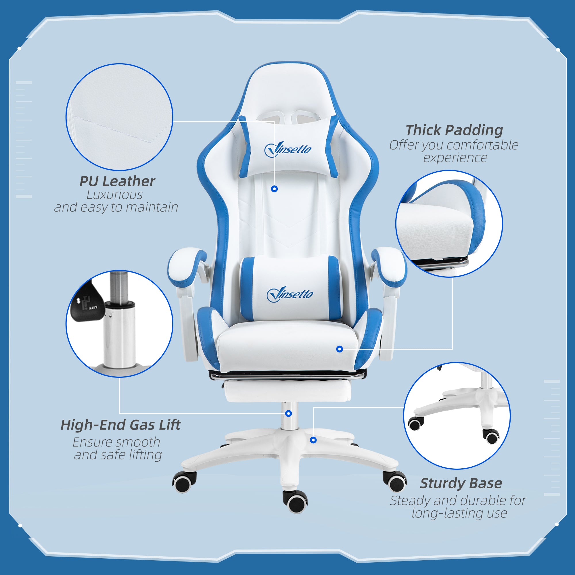 Vinsetto Computer Gaming Chair, PU Leather Desk Chair with Footrest, Swivel Task Chair with 135° Reclining Back and Lumbar Support, PC Chair for Adults, White and Blue - North Peak Garden Furniture