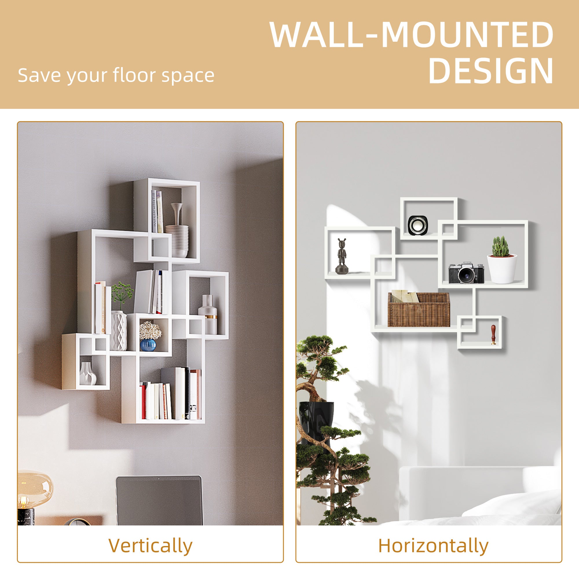 HOMCOM Floating Shelves, Wall Mounted Interlocking Cube Shelves, Display Wall Shelf for Living Room, Bedroom, Hallways, White - North Peak Garden Furniture