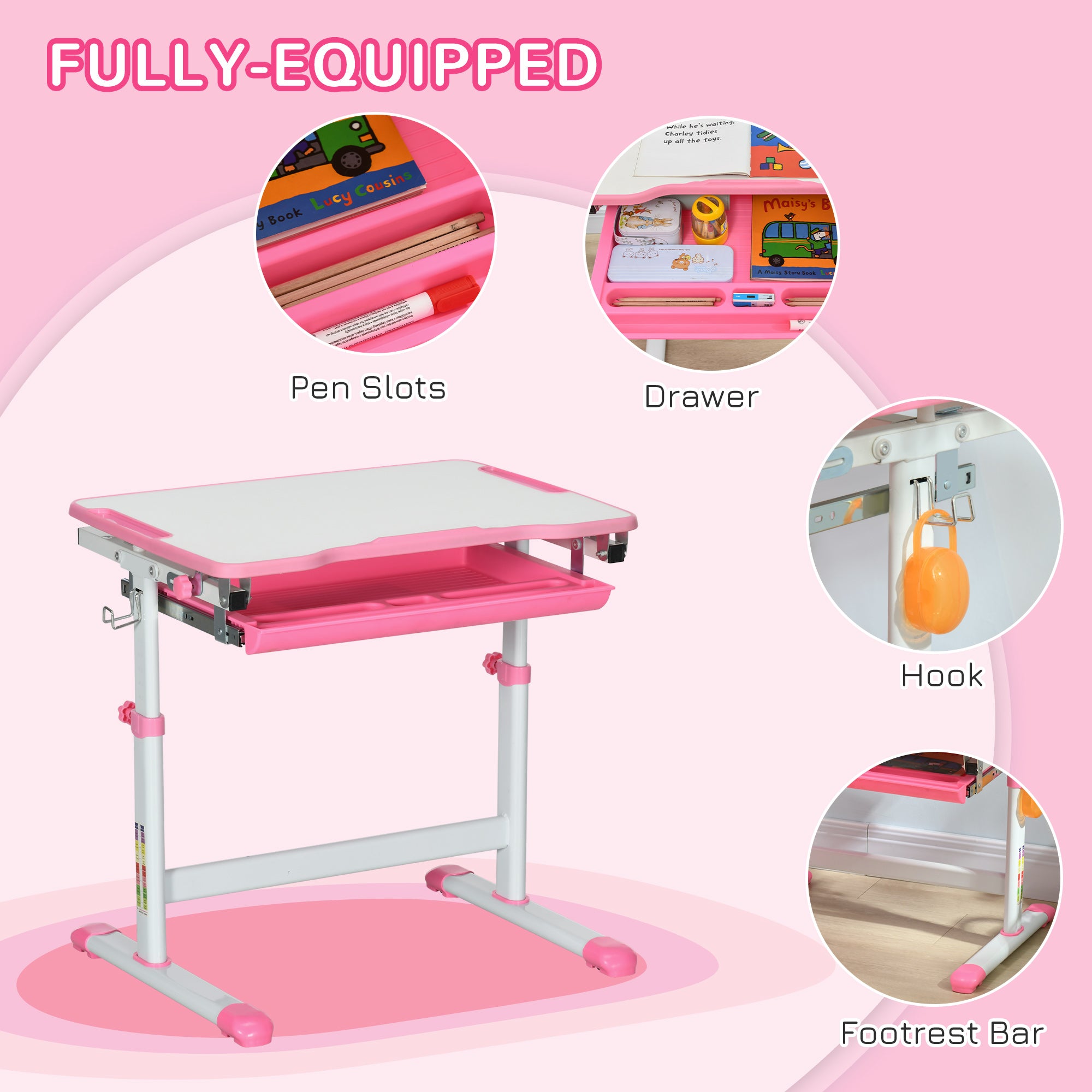 HOMCOM Kids Desk and Chair Set, Student Adjustable Writing Desk, with Drawer, Pen Slot, Hook - Pink - North Peak Garden Furniture