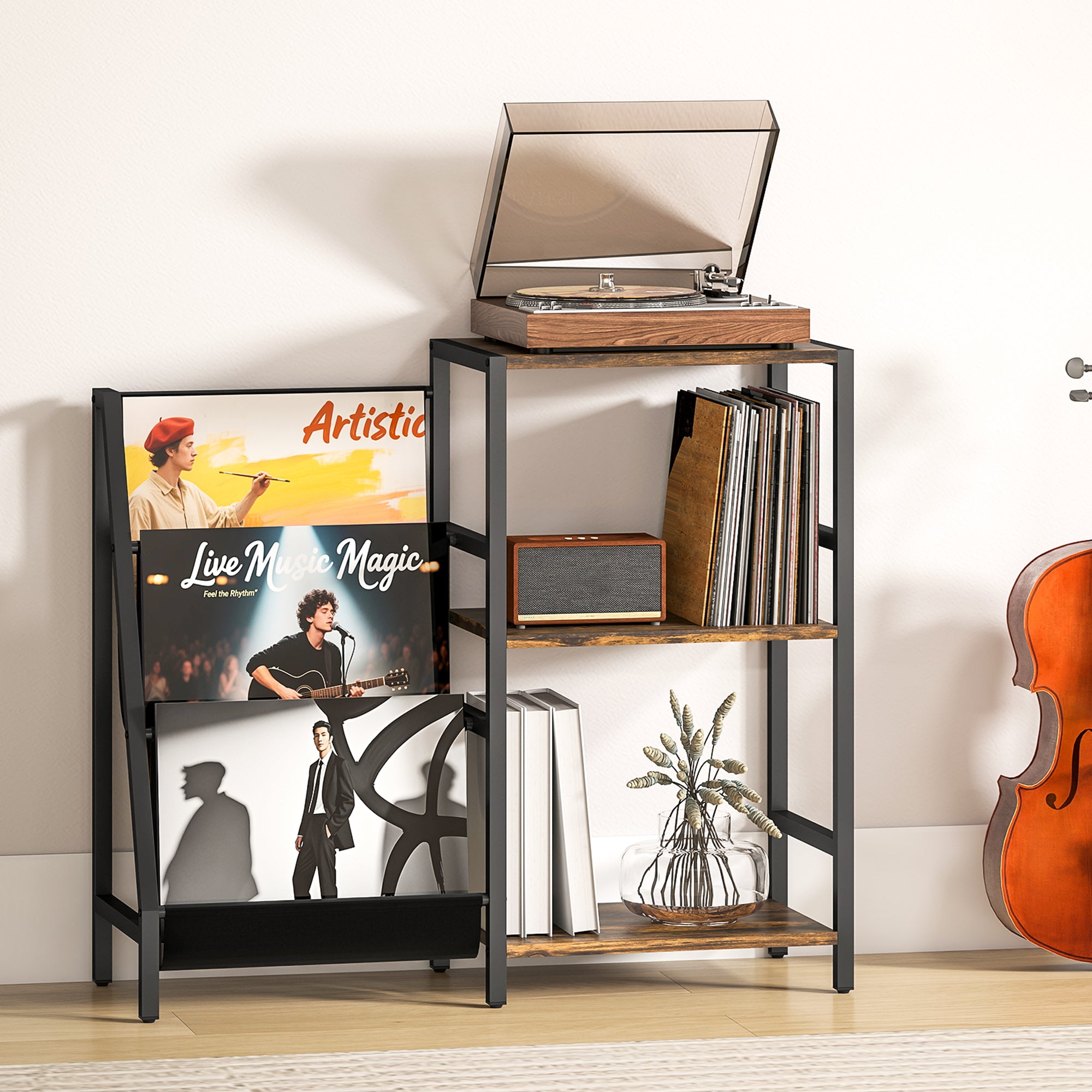 HOMCOM 3-Tier Record Player Stand, End Table for Living Room, Bedroom - Rustic Brown - North Peak Garden Furniture