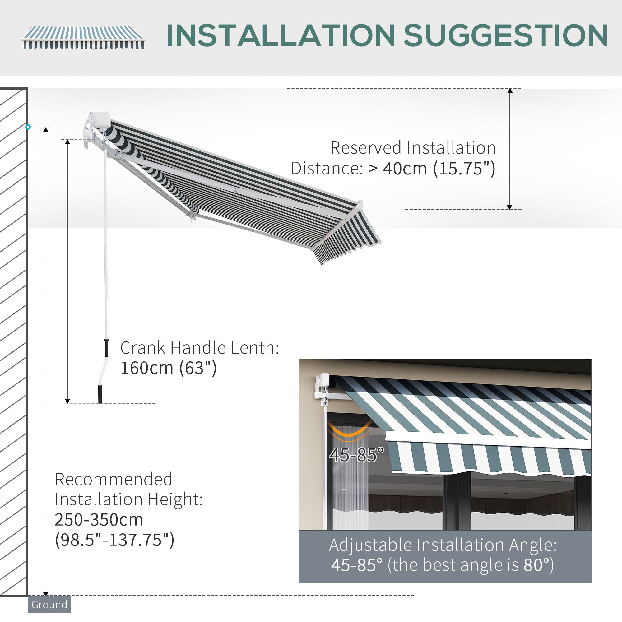 Outsunny Retractable Awning, 2.5x2 m-Dark Green/White