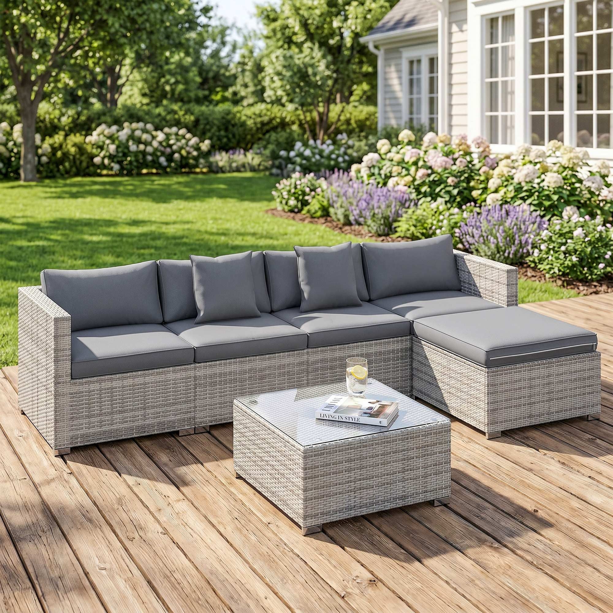 Outsunny 6 Pieces Rattan Corner Sofa Set - Mixed Grey
