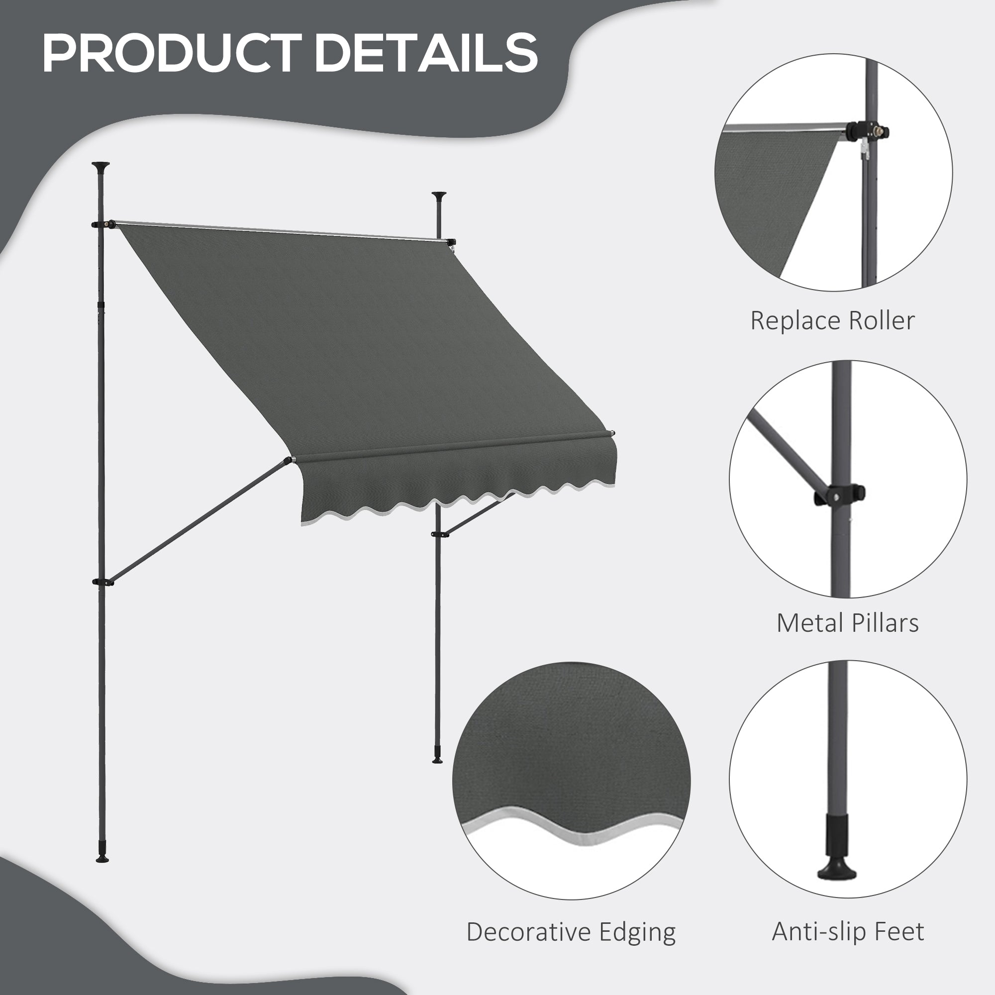 Outsunny 2.5 x 1.2m Retractable Awning, Free Standing Patio Sun Shade Shelter, UV Resistant, for Window and Door, Dark Grey - North Peak Garden Furniture