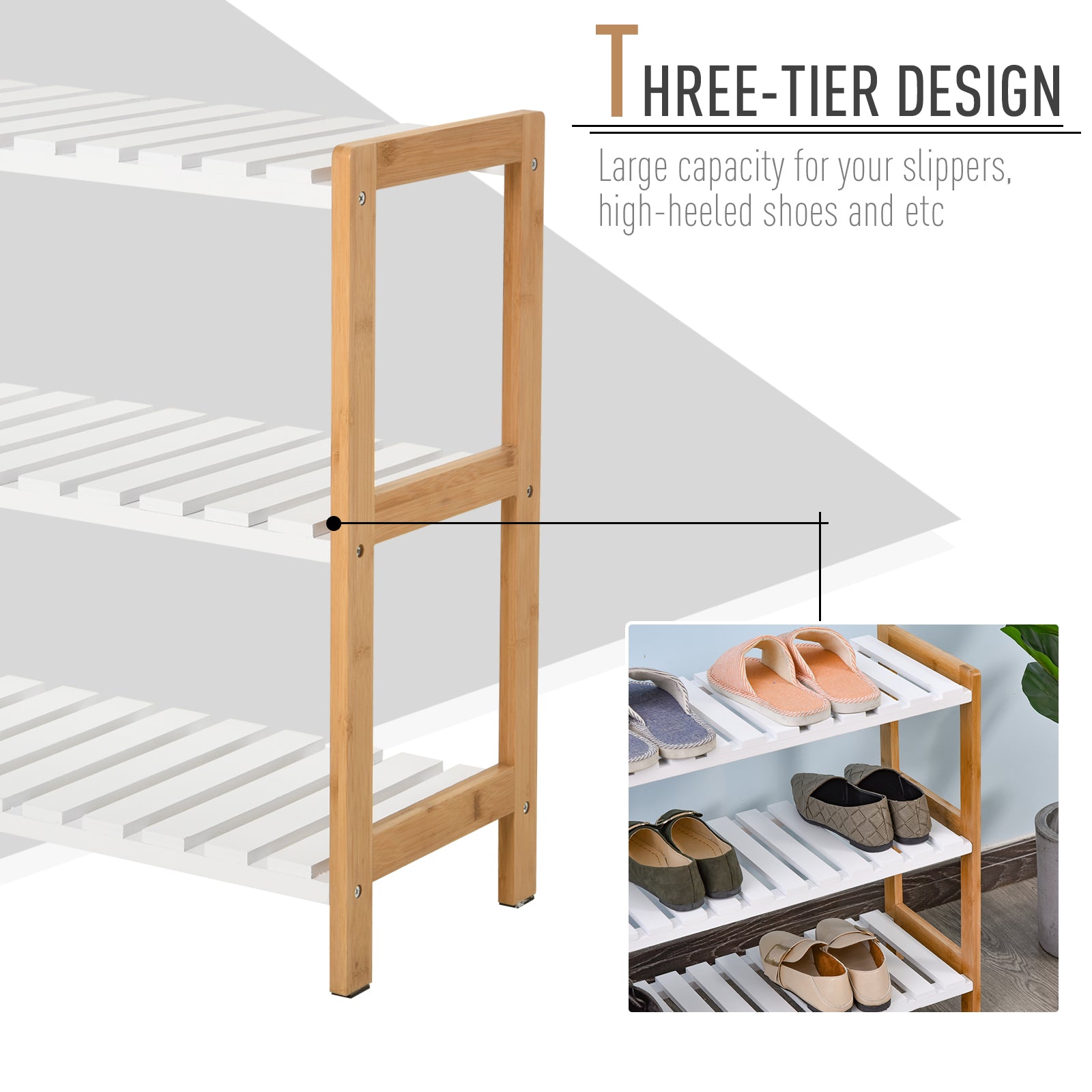 HOMCOM 3-Tier Shoe Rack Wood Frame Slatted Shelves Spacious Open Hygienic Storage Home Hallway Furniture Family Guests 70L x 26W x 57.5H cm - Natural - North Peak Garden Furniture