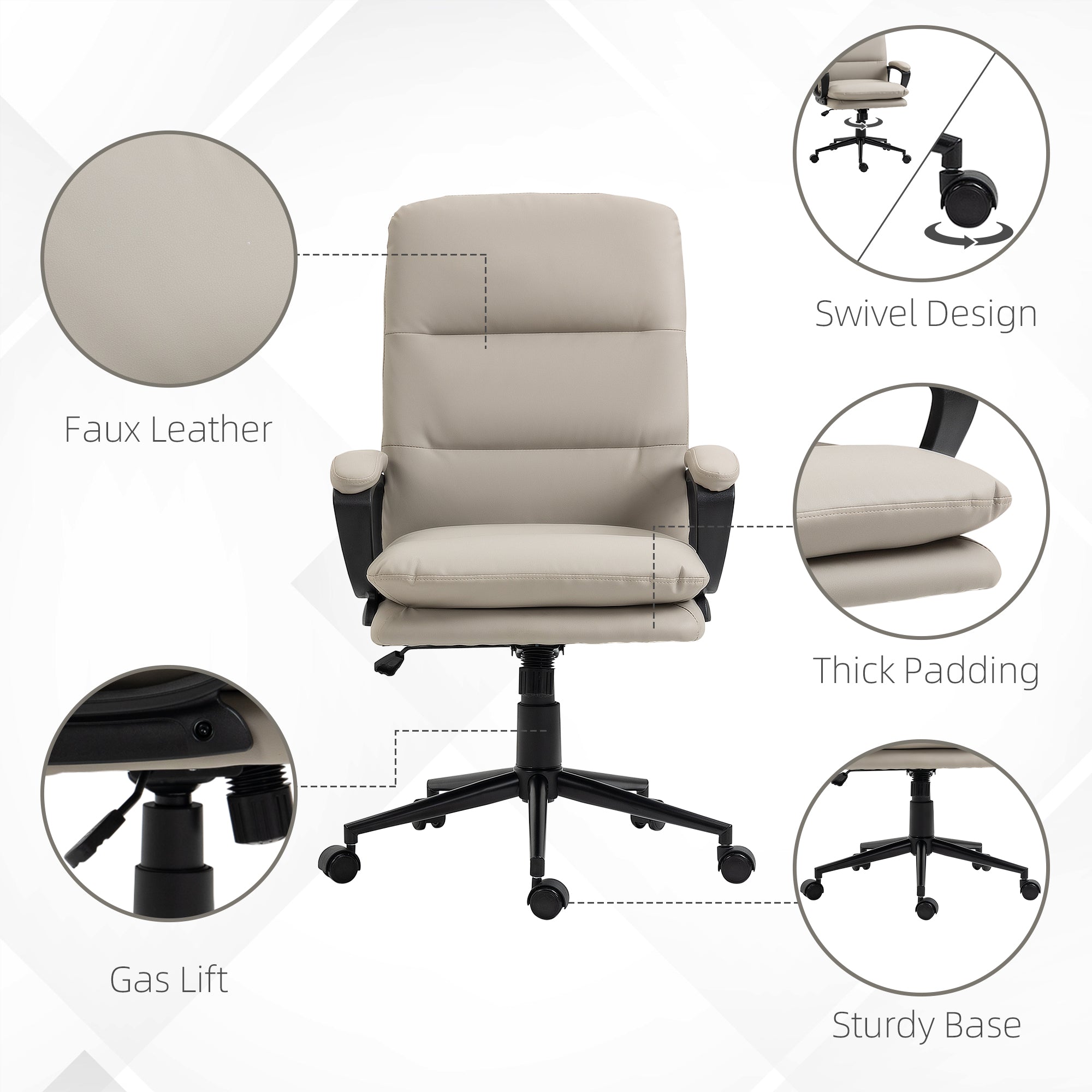 Vinsetto Ergonomic Computer Desk Chair, PU Leather Office Chair with Adjustable Height and Swivel Rolling Wheels for Work Study, Light Grey - North Peak Garden Furniture
