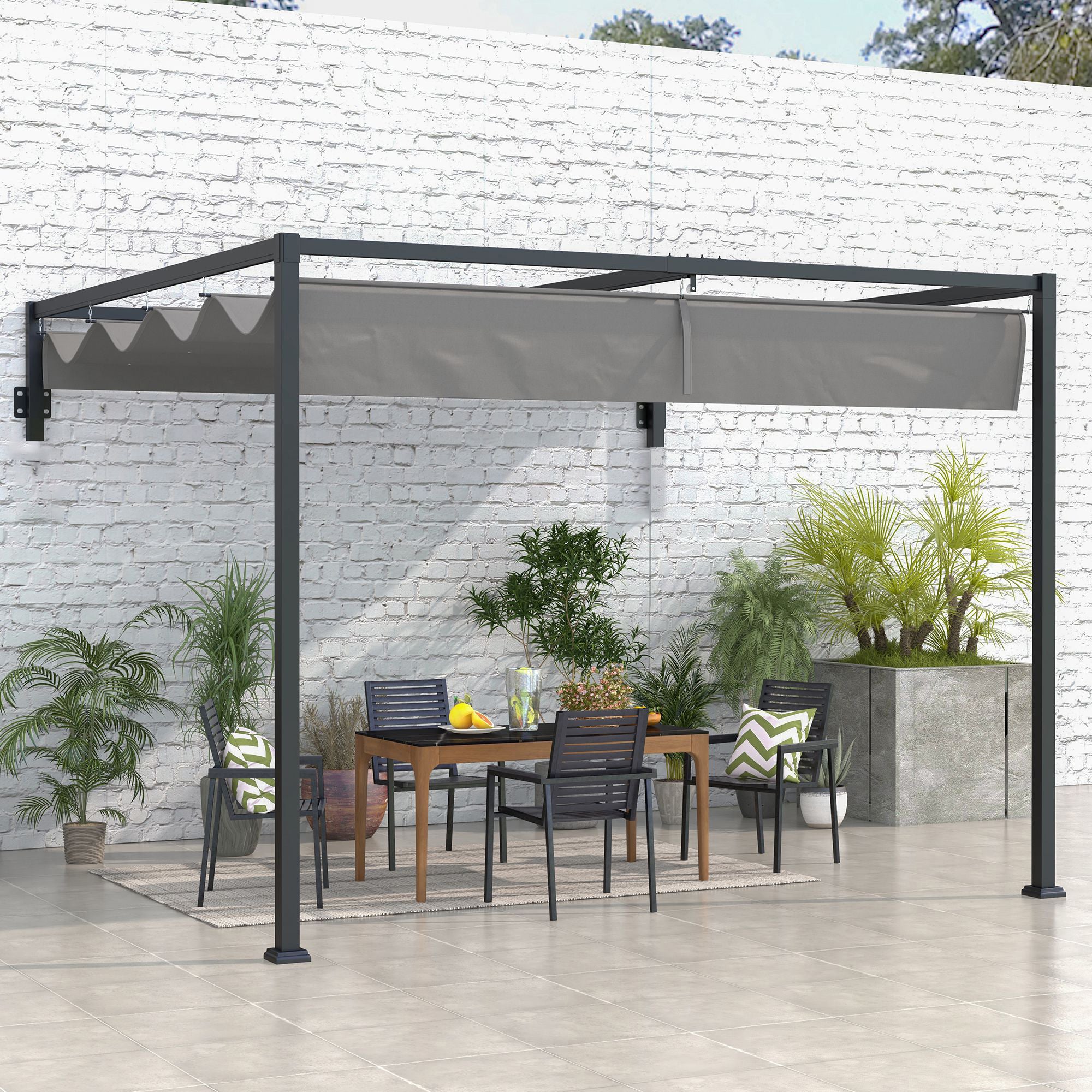Outsunny 3 x 4m Lean To Pergola, Metal Pergola with Retractable Roof for Grill, Garden, Patio, Deck - North Peak Garden Furniture