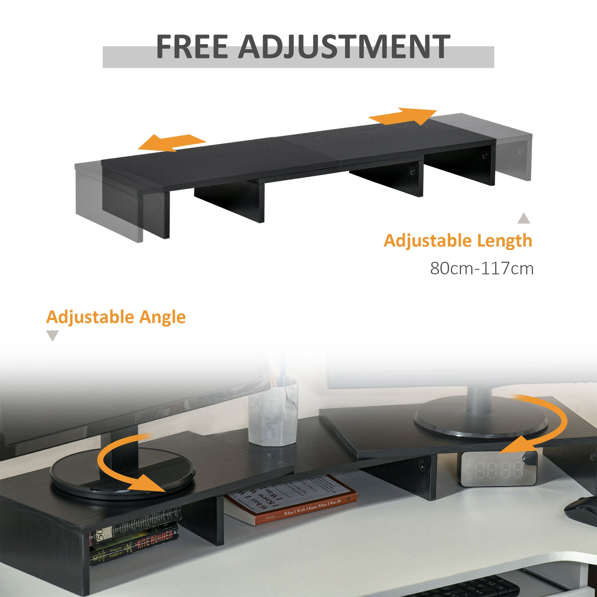Vinsetto Dual Monitor Stand Riser with Adjustable Length and Angle, Screen Riser for Laptop, Computer, PC, Printer, TV, Black - North Peak Garden Furniture
