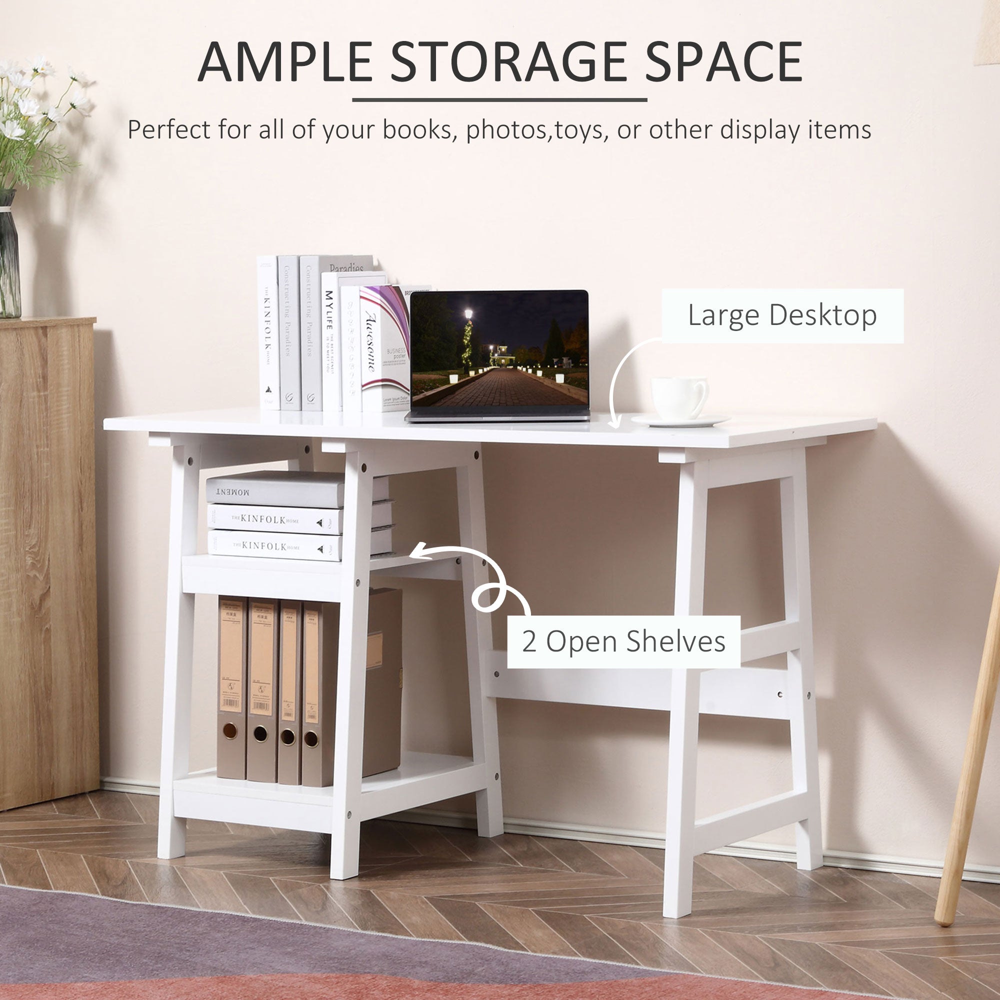 HOMCOM Compact Computer Desk with Storage Shelves, Study Table with Bookshelf, PC Table Workstation for Home Office, Study, Easy Assembly, 120 x 51cm, White - North Peak Garden Furniture