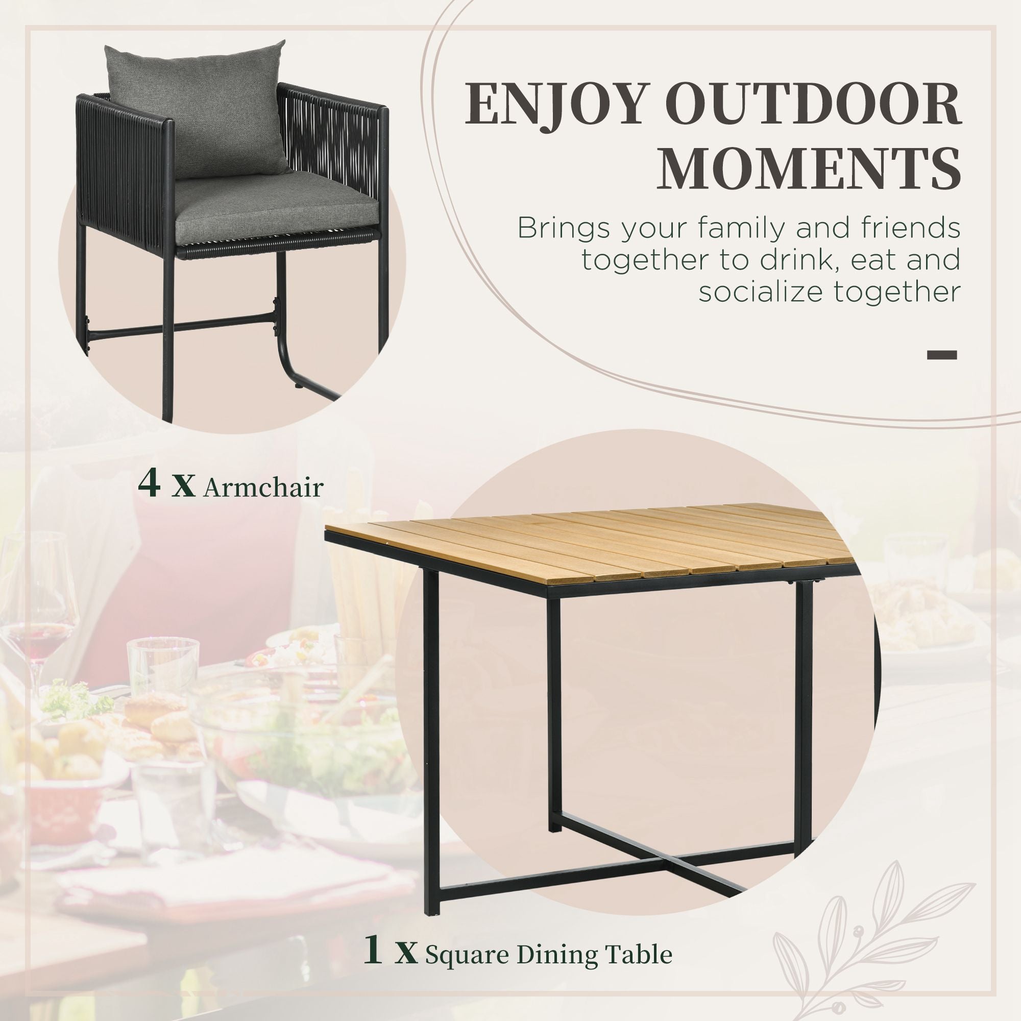 Outsunny 4 Seater Rattan Cube Garden Furniture Set, Rattan Dining Set with Cushions, Outdoor Dining Table and Chairs with Rectangular Wood Grain Plastic Top Table for Patio, Balcony, Black - North Peak Garden Furniture