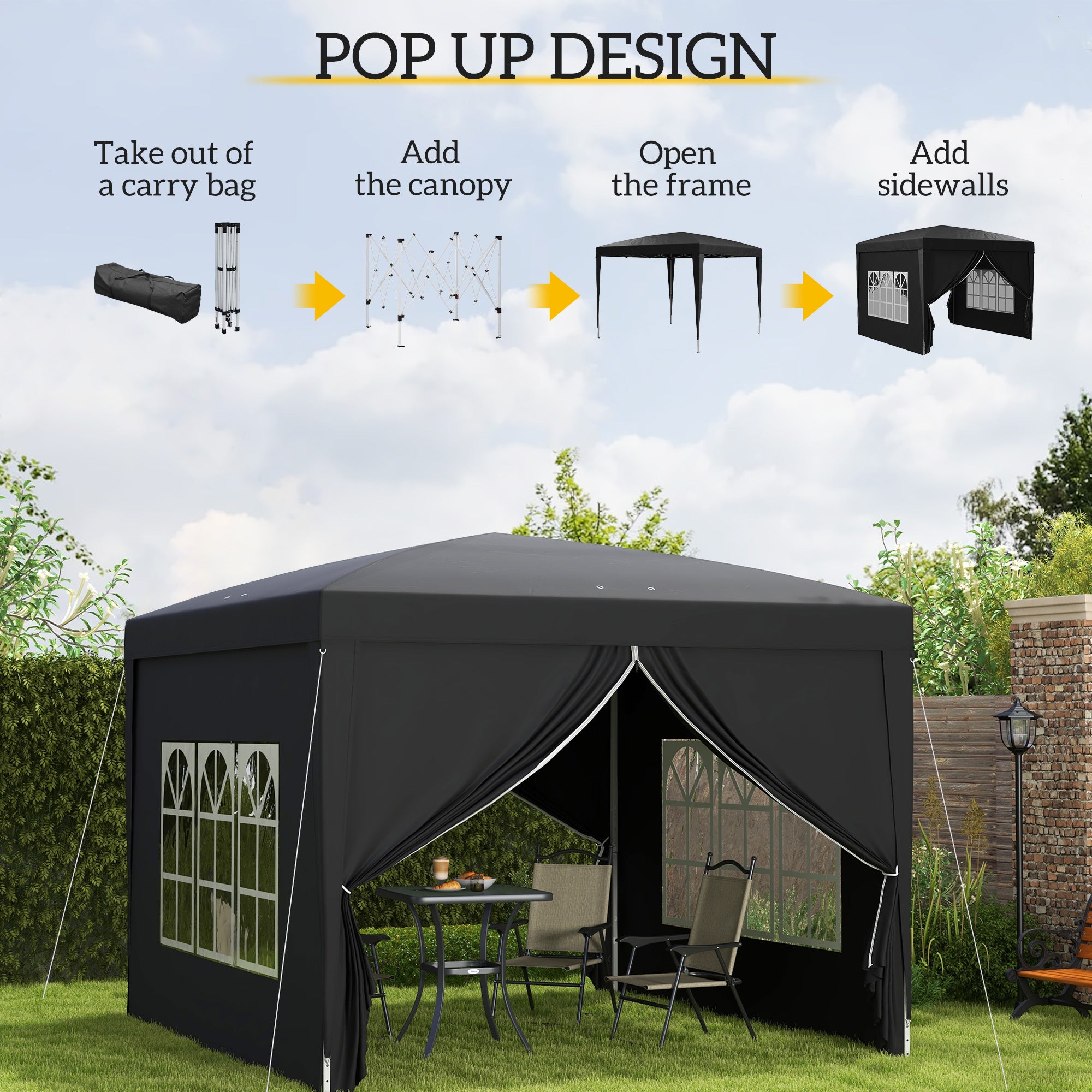 Outsunny 3 x 3(m) Pop Up Gazebo, Water and UV Resistant Party Tent Camping Canopy Marquee with Carry Bag, Black - North Peak Garden Furniture