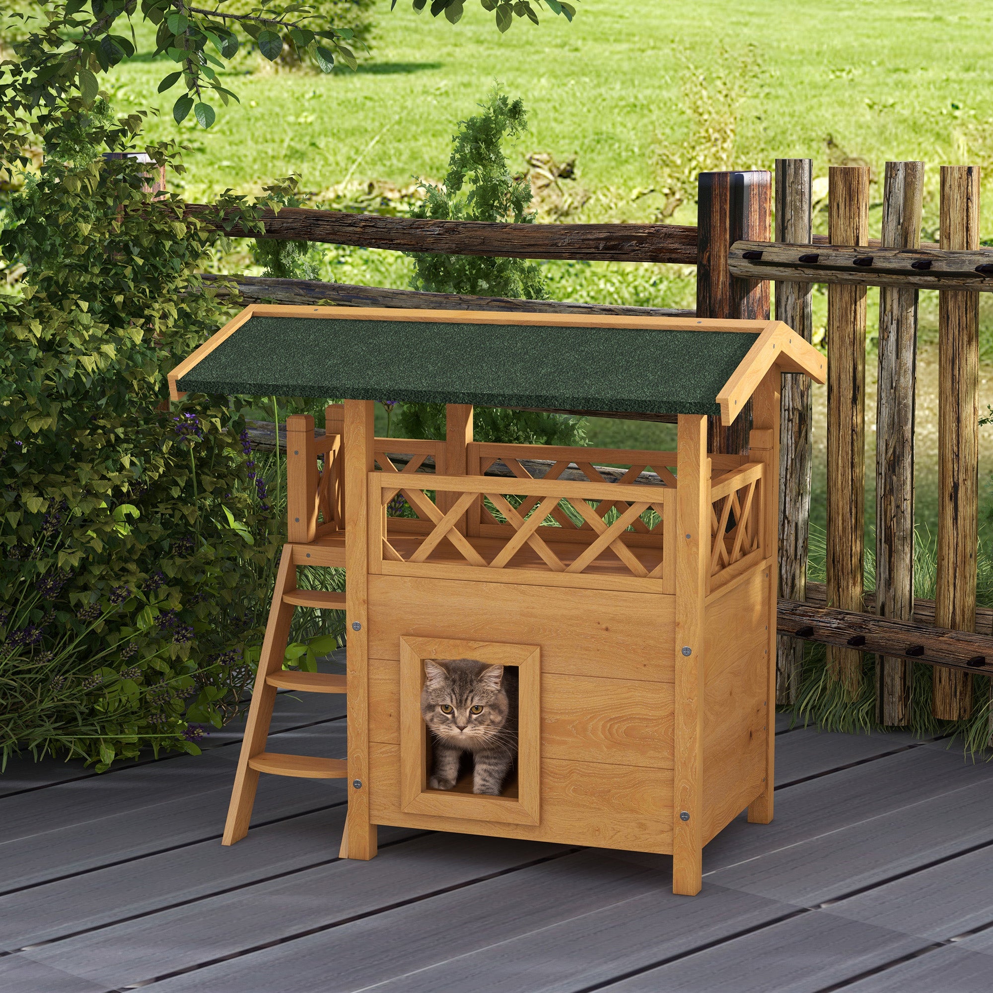 PawHut Cat House Outdoor w/ Balcony Stairs Roof, 77 x 50 x 73 cm, Natural Wood Finish - North Peak Garden Furniture