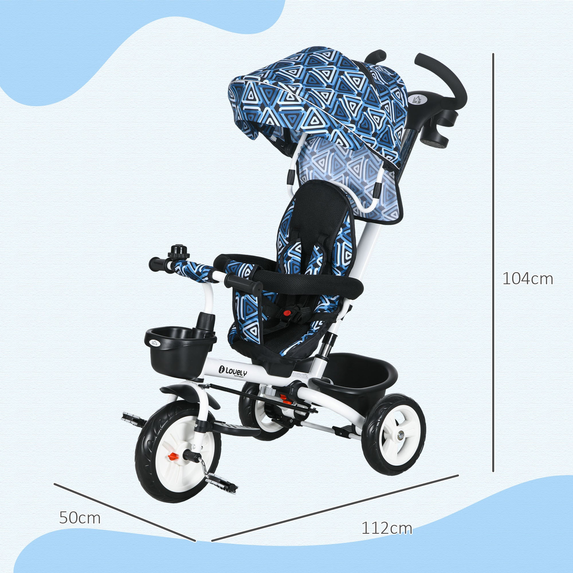 HOMCOM Metal Frame 6 in 1 Baby Push Tricycle with Parent Handle for 1-5 Years Old, Light Blue - North Peak Garden Furniture