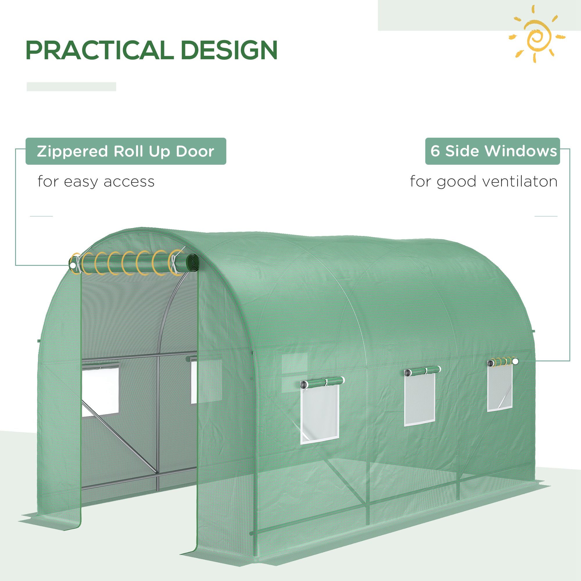 Outsunny 3.5 x 2m Walk-In Polytunnel Greenhouse, with Steel Frame, PE Cover, Roll-Up Door and 6 Windows, Green - North Peak Garden Furniture