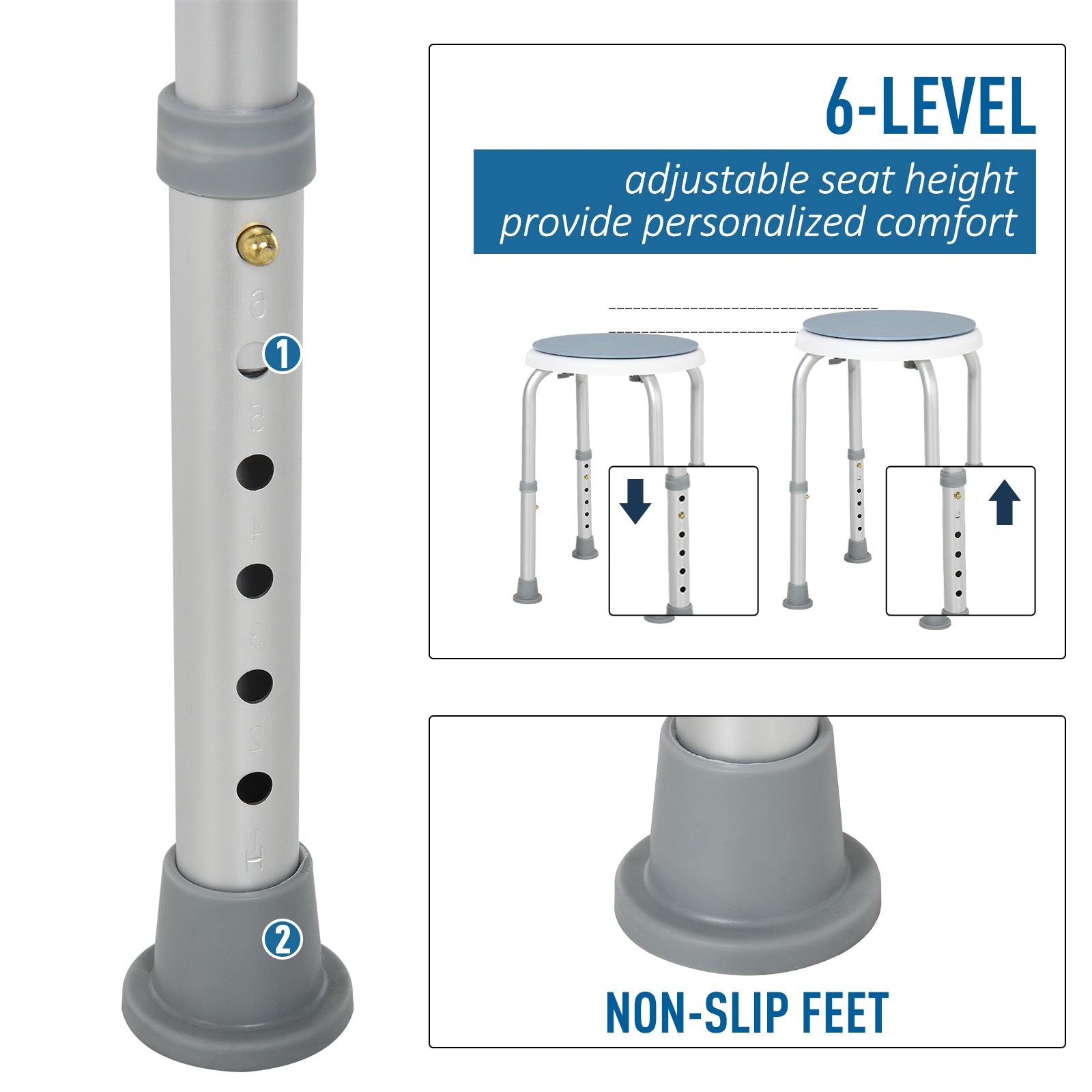 HOMCOM 360° Swivel Shower Chair, Height Adjustable Aluminium Shower Stool with Non-Slip Feet for Disabled, Elderly, Blue - North Peak Garden Furniture