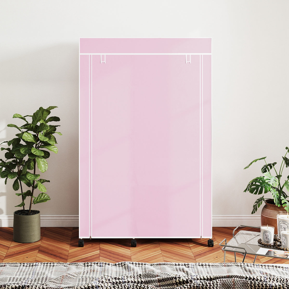 HOMCOM Fabric Wardrobe w/ Shelves Hanging Rail Foldable Wardrobe Pink