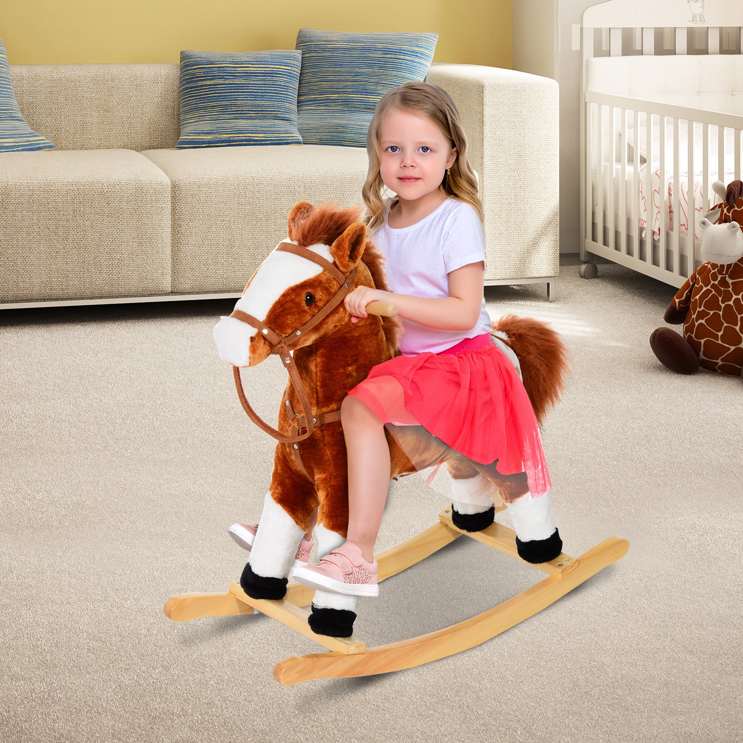 HOMCOM Baby Rocking Horse Plush Ride on Animals Rocker with Sound Handle Grip for kids 3-6 years - Brown